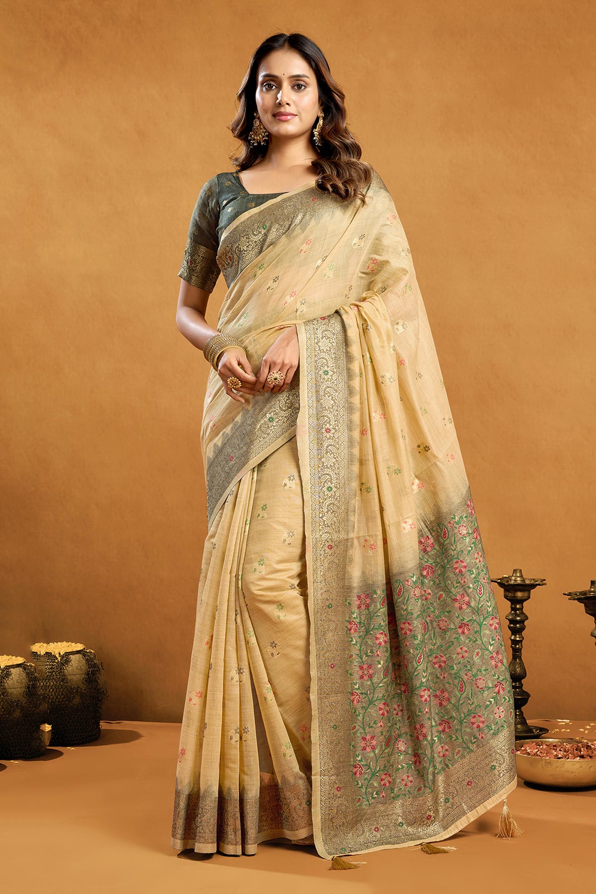 Buy Cream Premium Cotton Zari Saree for women by Jyoti Fashion online available at scrollnshops