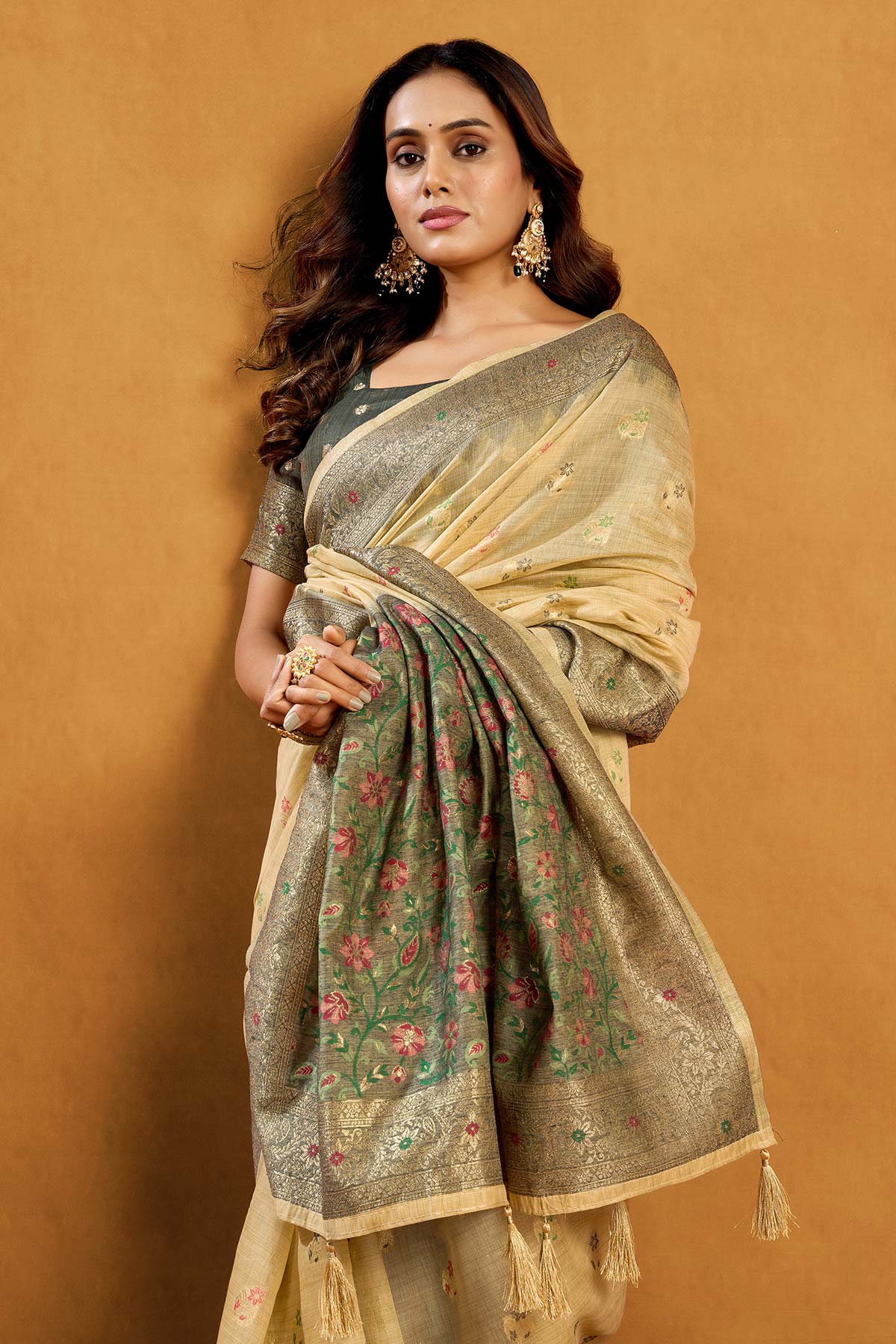 Cream Premium Cotton Zari Saree