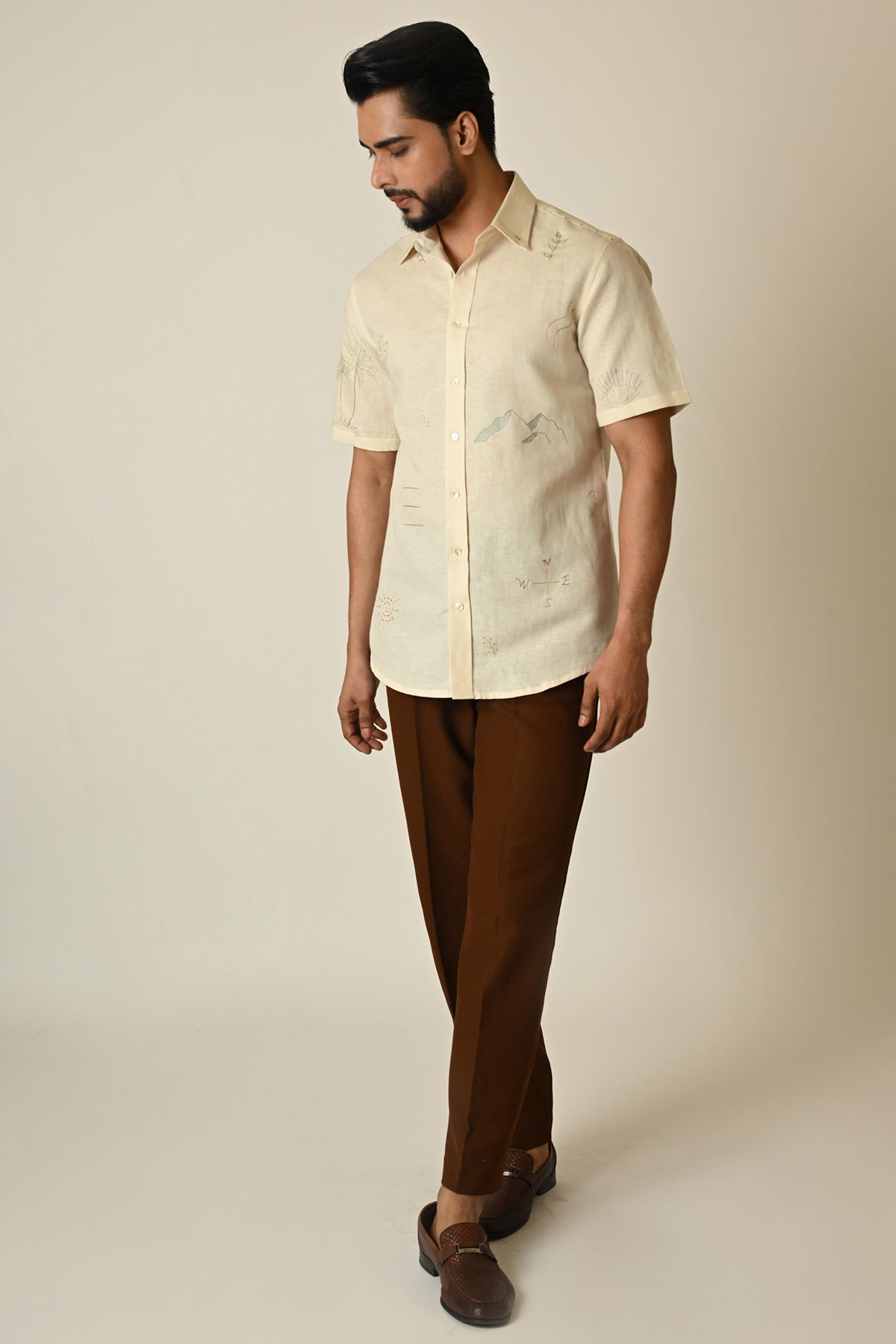 Cream Pure Linen Motifs Shirt