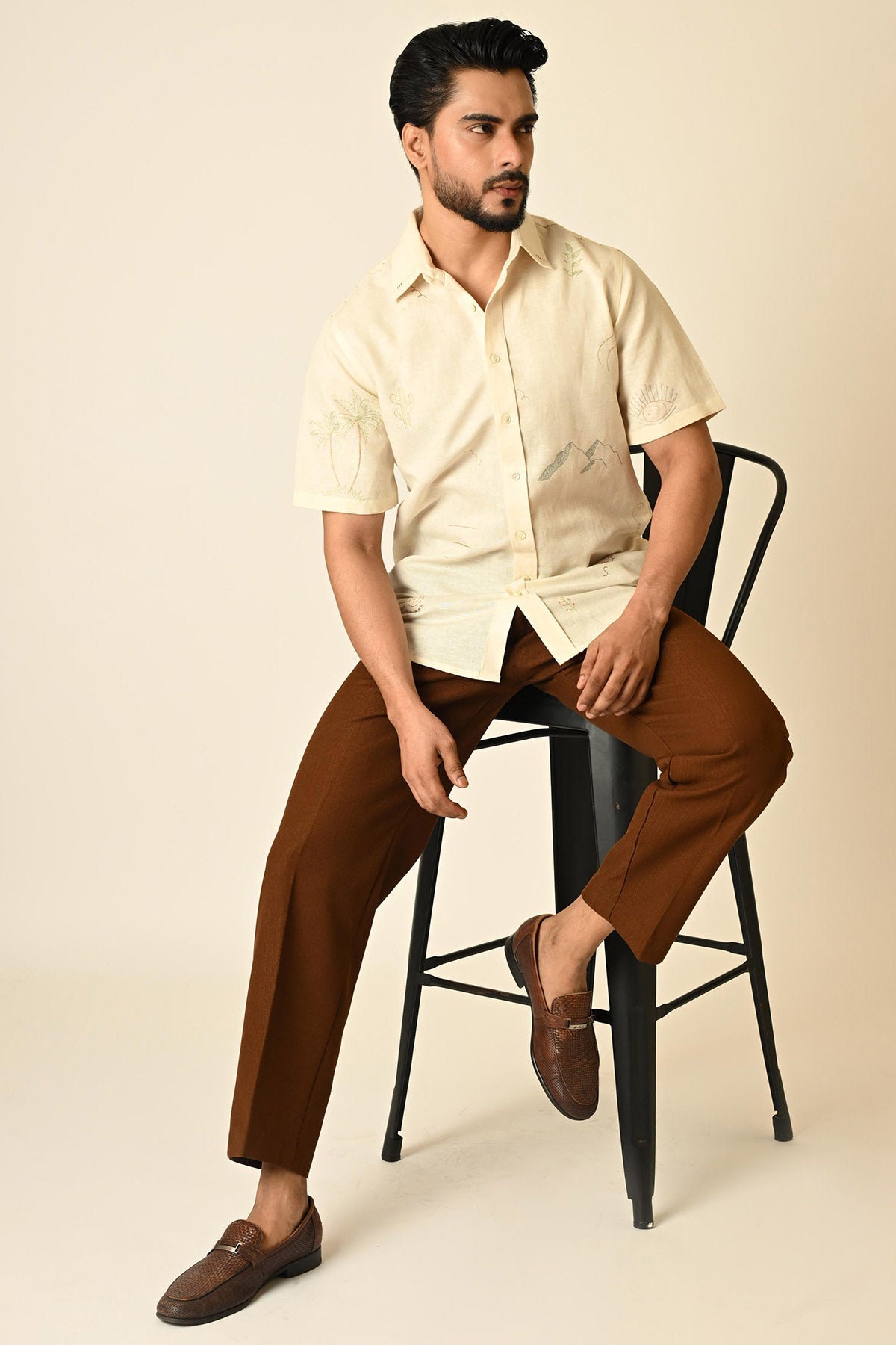 Buy Cream Pure Linen Motifs Shirt for men by Paarsh Atelier online available at scrollnshops