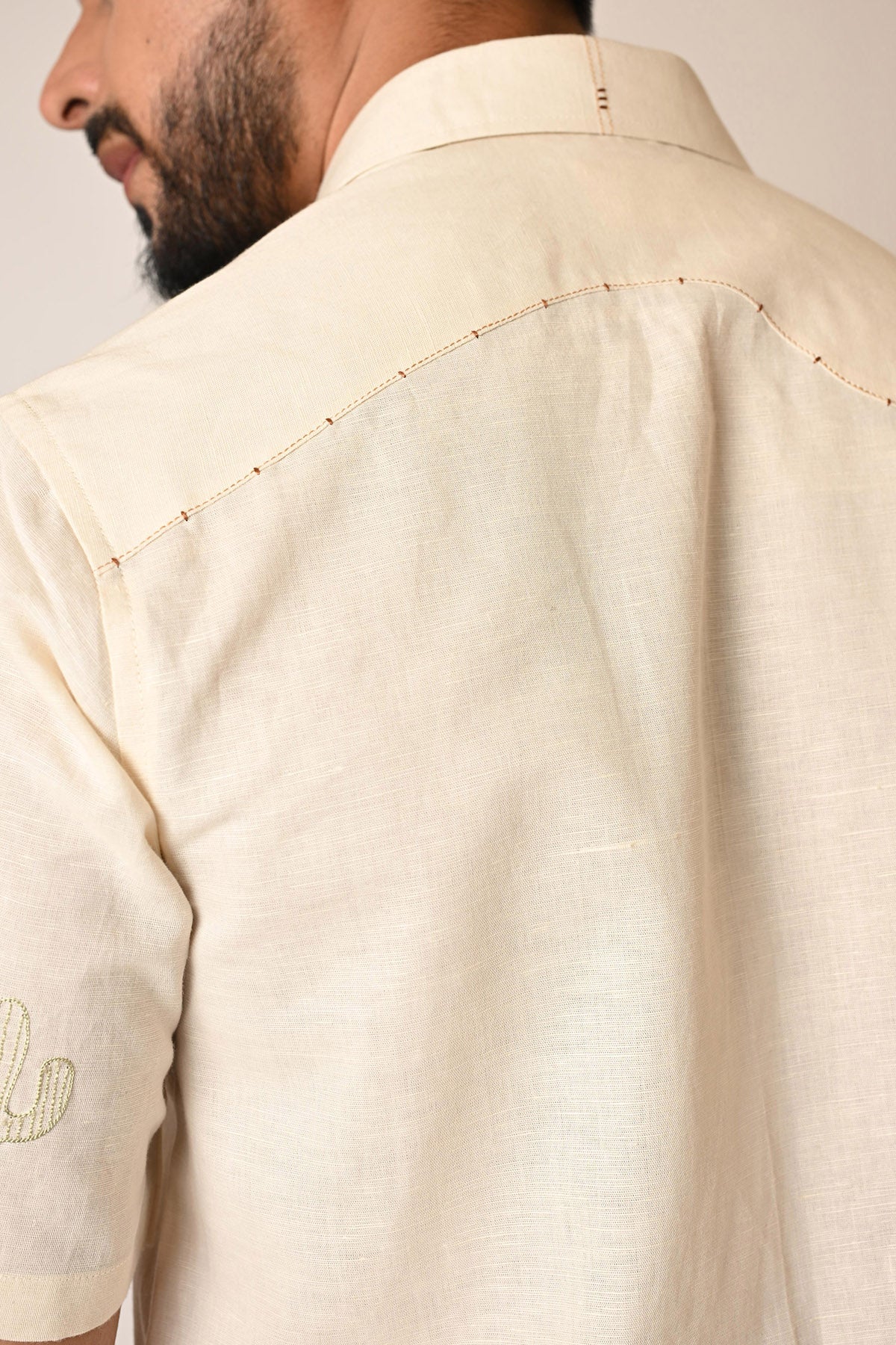 Cream Pure Linen Motifs Shirt