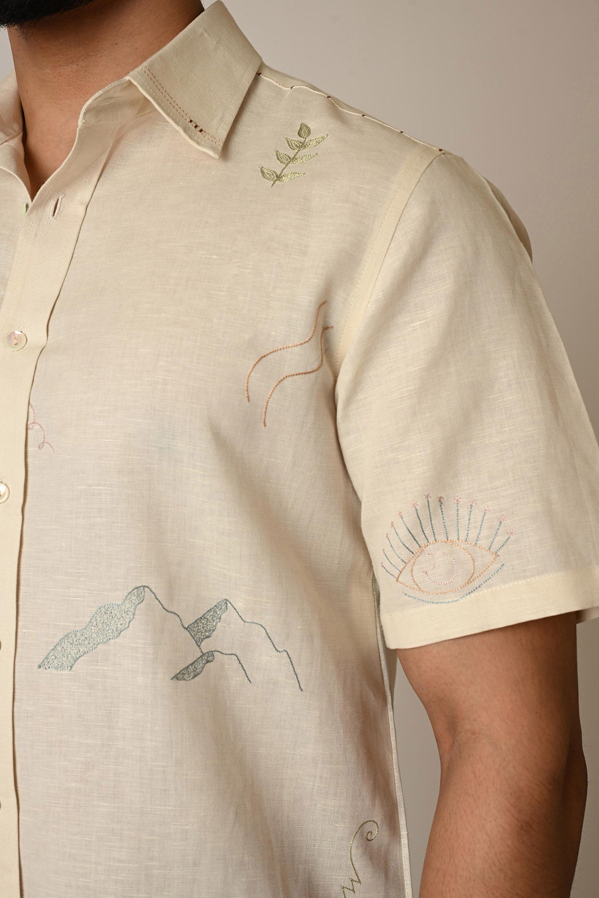 Cream Pure Linen Motifs Shirt