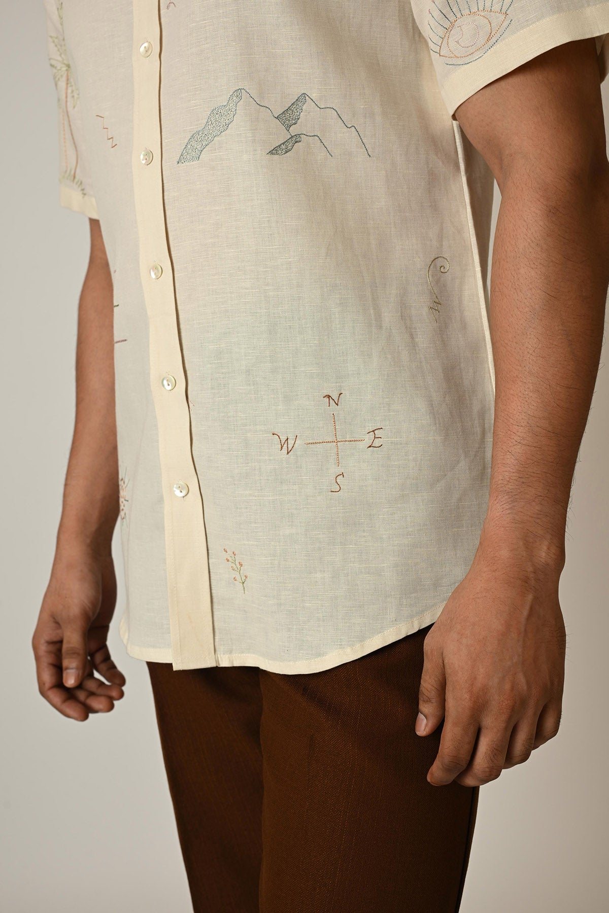 Cream Pure Linen Motifs Shirt