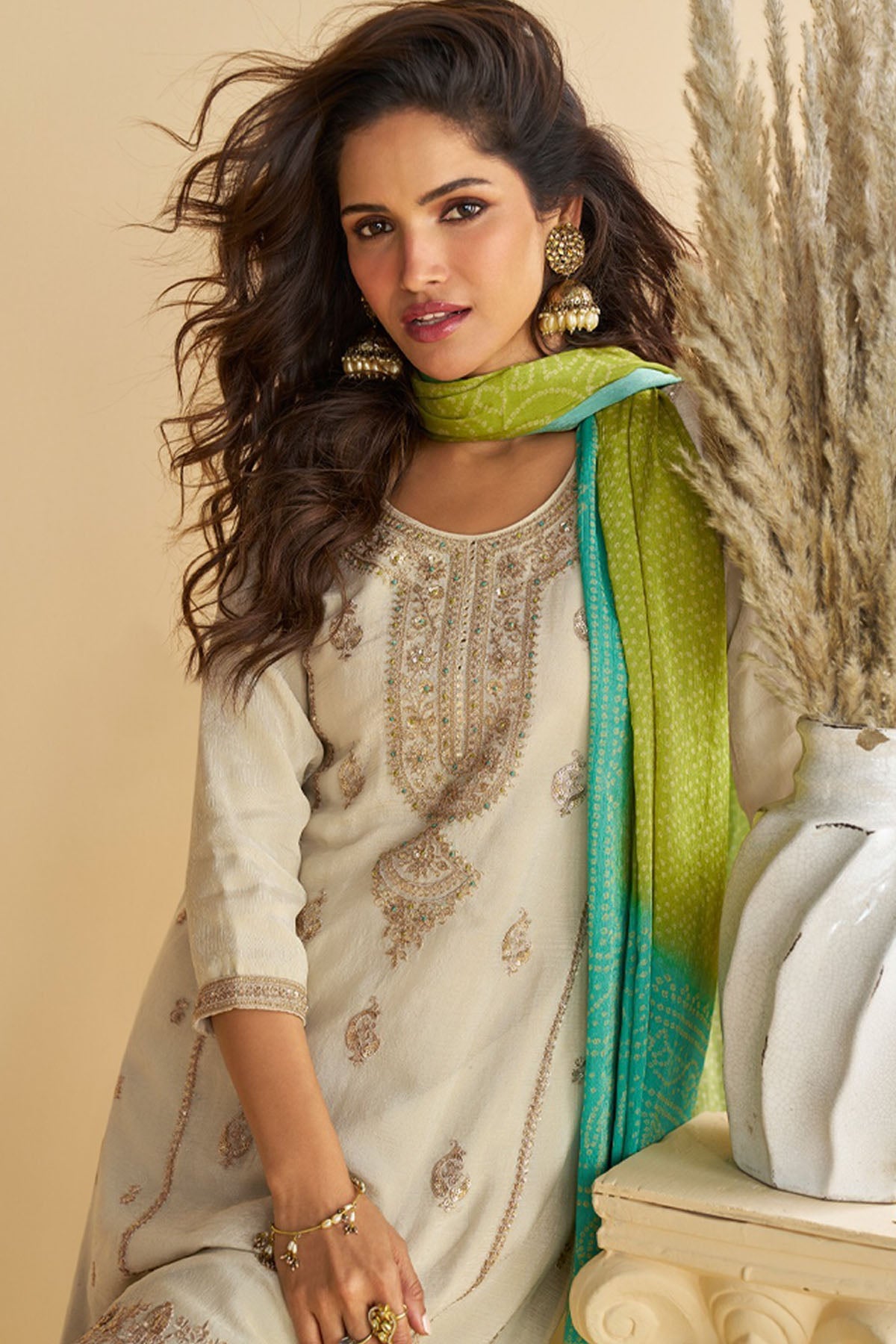 Cream Silk Embroidery Kurta Set
