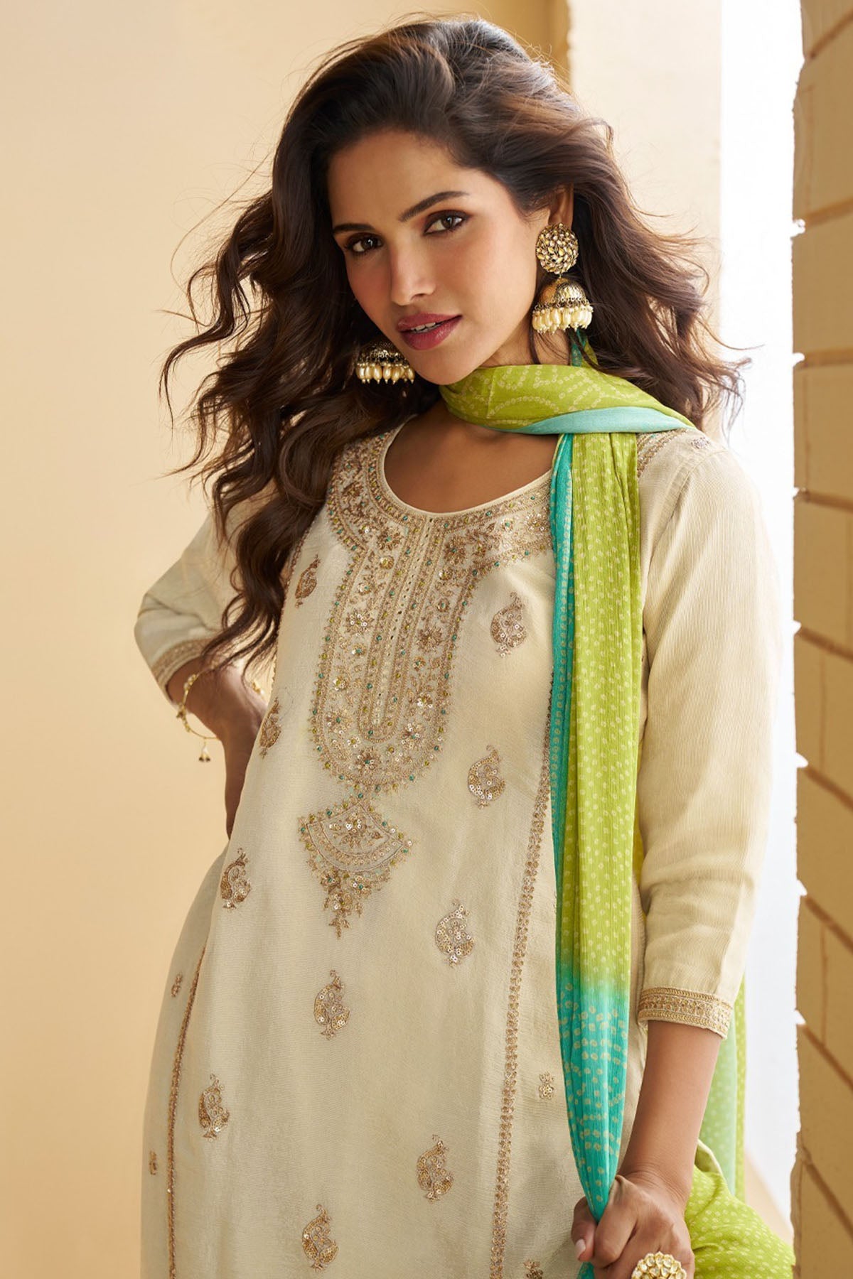 Cream Silk Embroidery Kurta Set