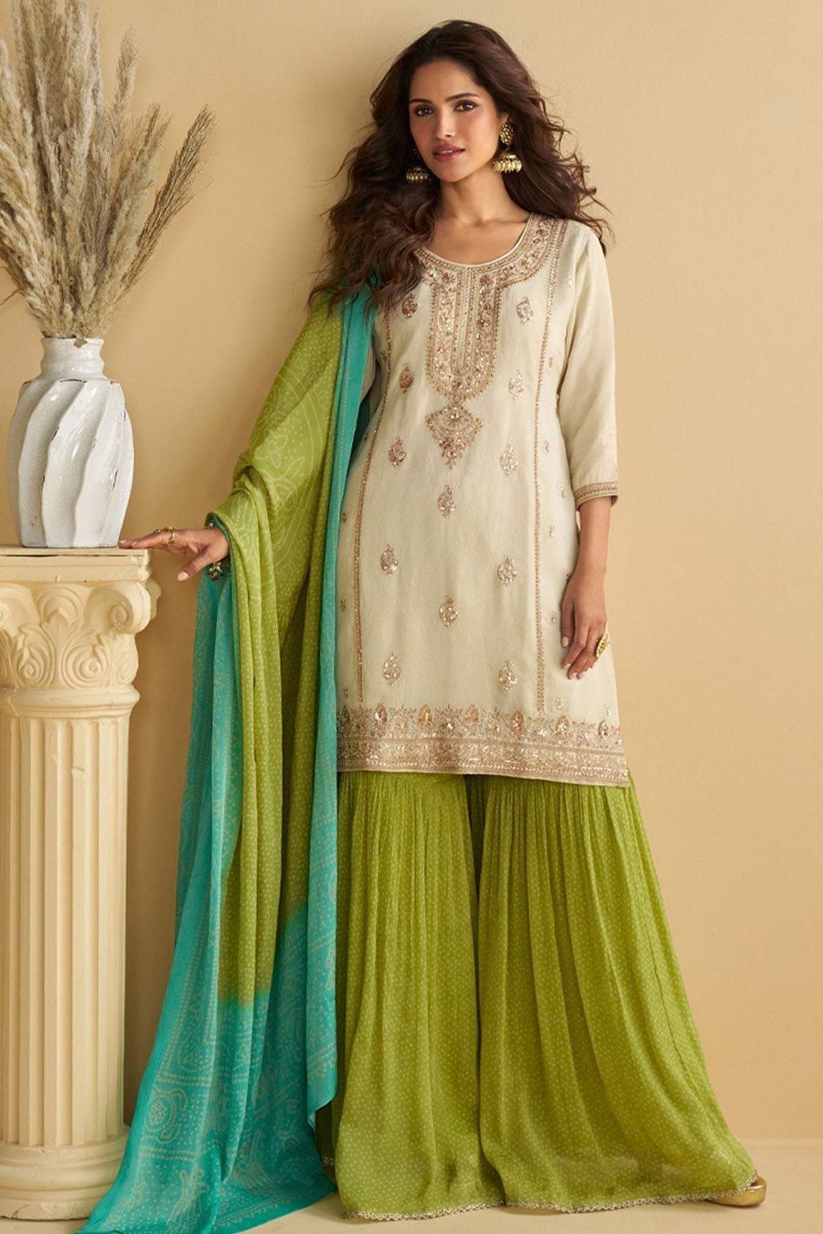 Buy Cream Silk Embroidery Kurta Set for women by Aastha Fashion online available at scrollnshops