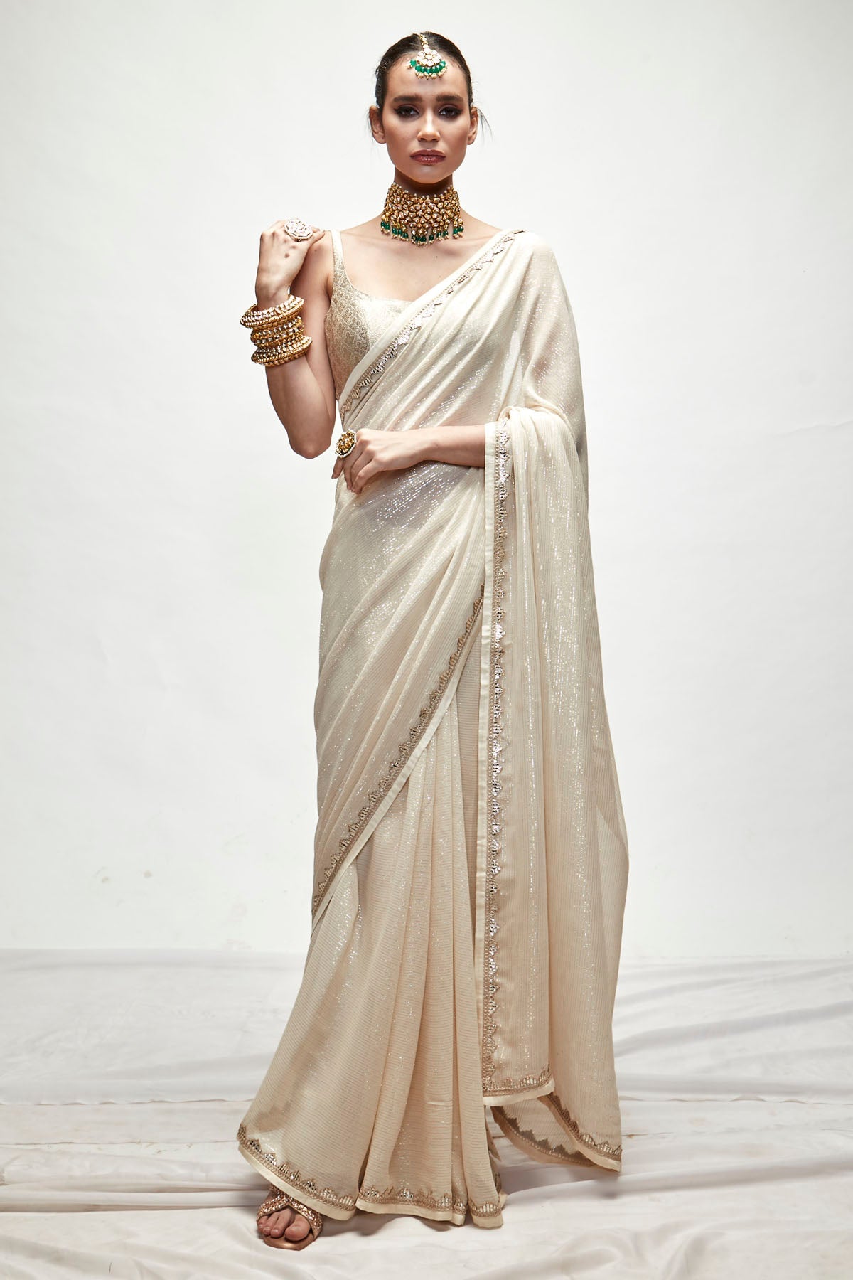 Designer Ranian Porcelain cream silk georgette saree with self woven gold and silver metallic threads, gota and silk satin paired with silk brocade champagne matt zari blouse For Women Online at ScrollnShops