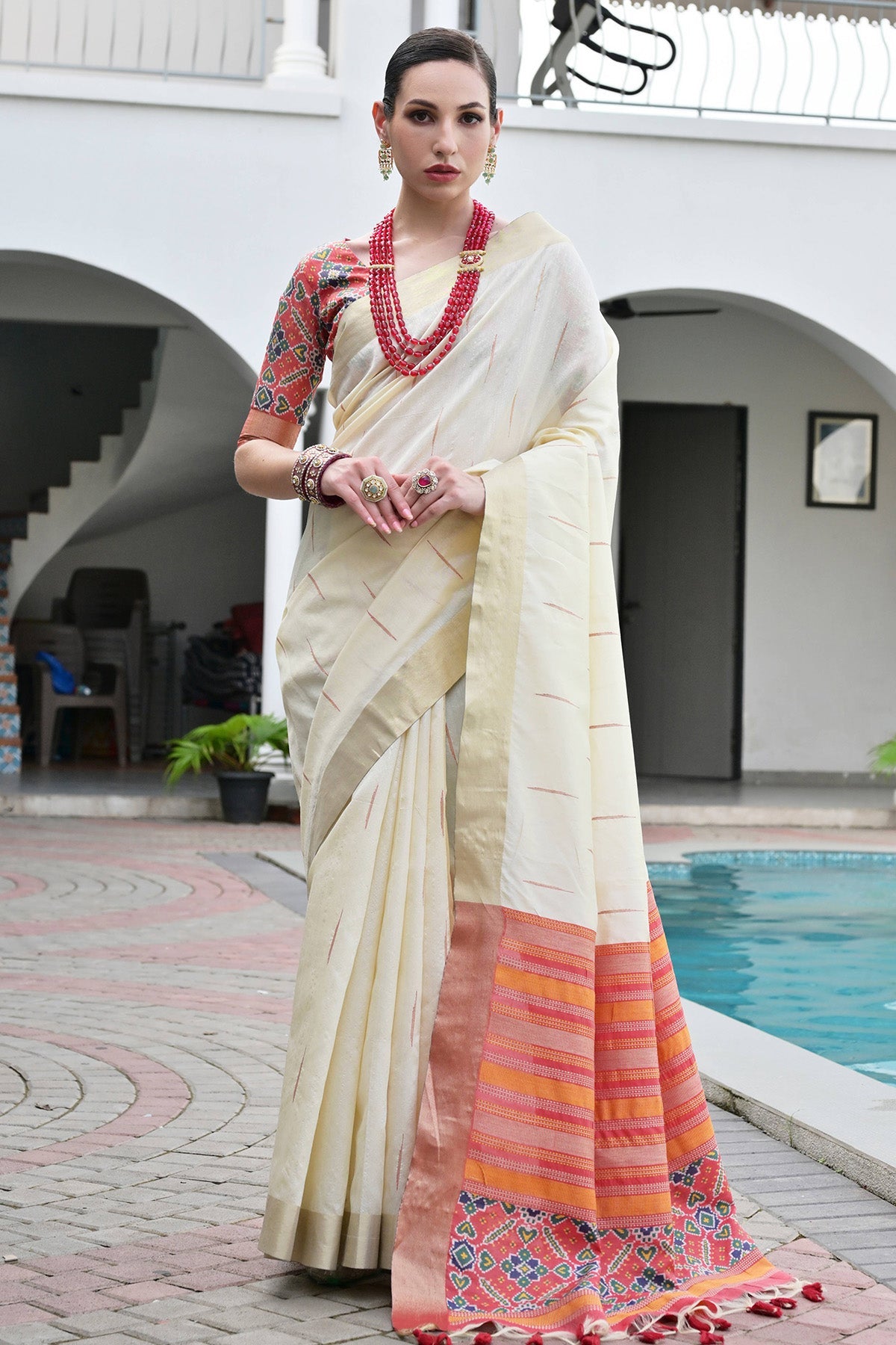 Buy Cream Silk Patola Woven Saree for women by Lili Lala Designer online available at scrollnshops