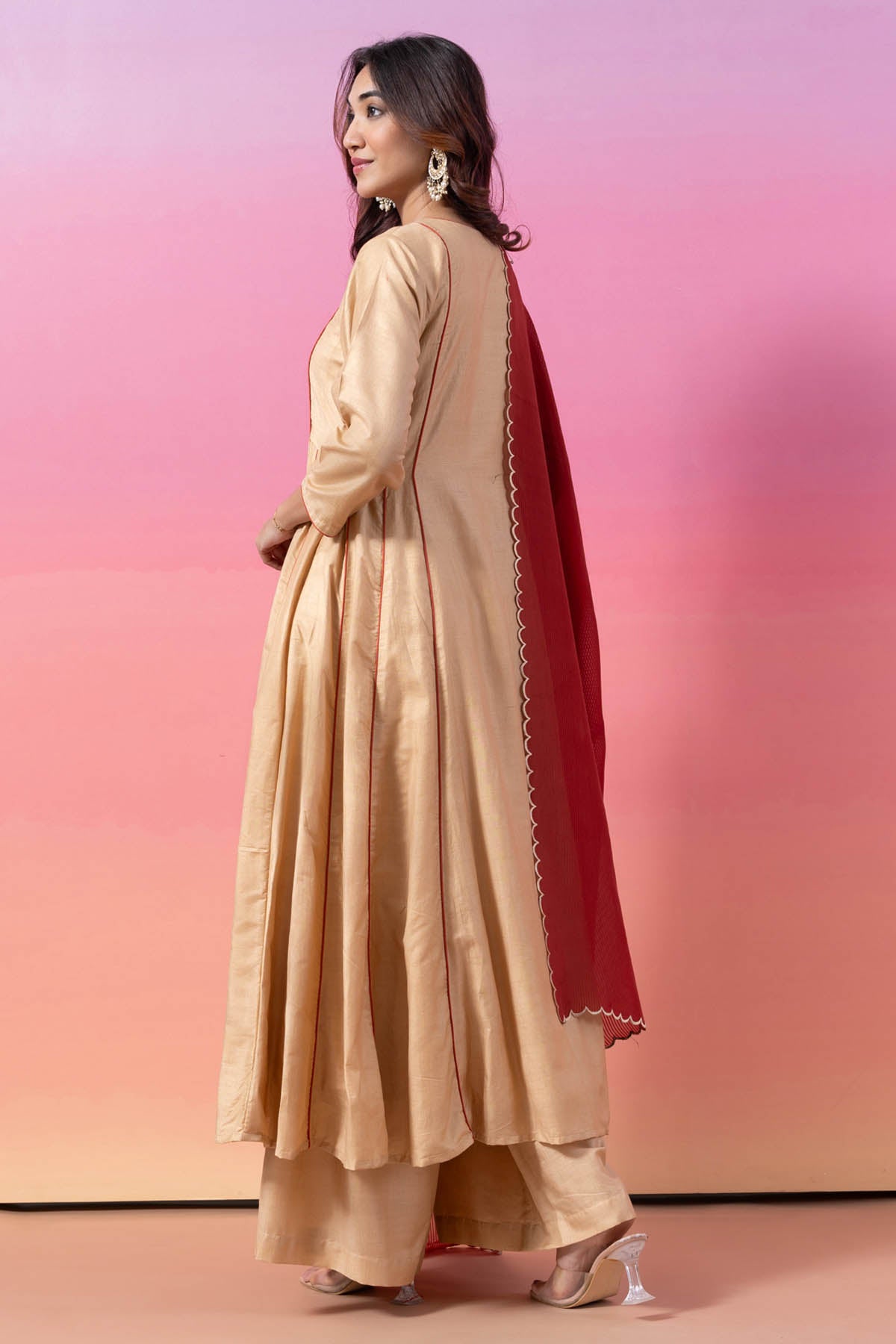 Cream Silk Piping Anarkali Set