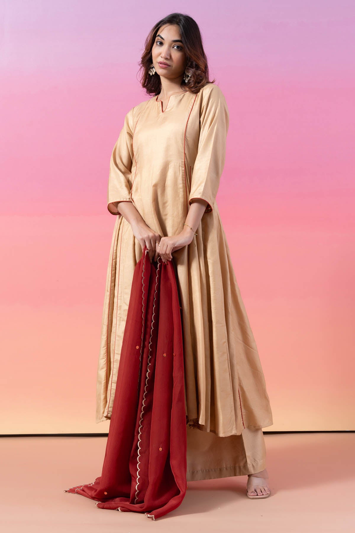 Cream Silk Piping Anarkali Set