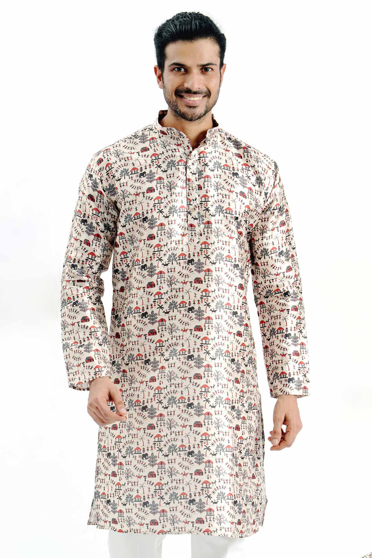 Buy Cream Silk Printed Detail Kurta for men by Aastha Fashion online available at scrollnshops