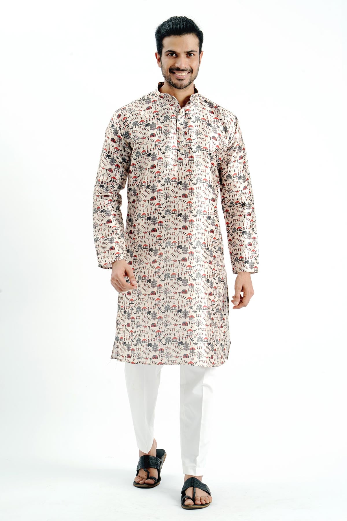 Cream Silk Printed Detail Kurta