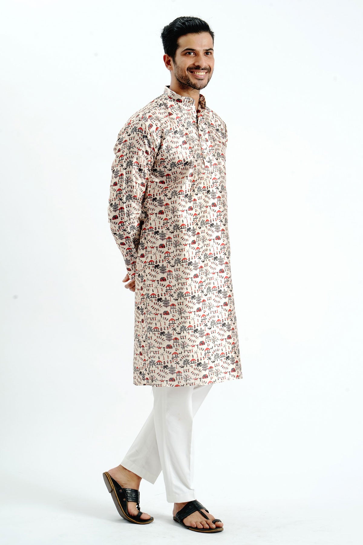 Cream Silk Printed Detail Kurta