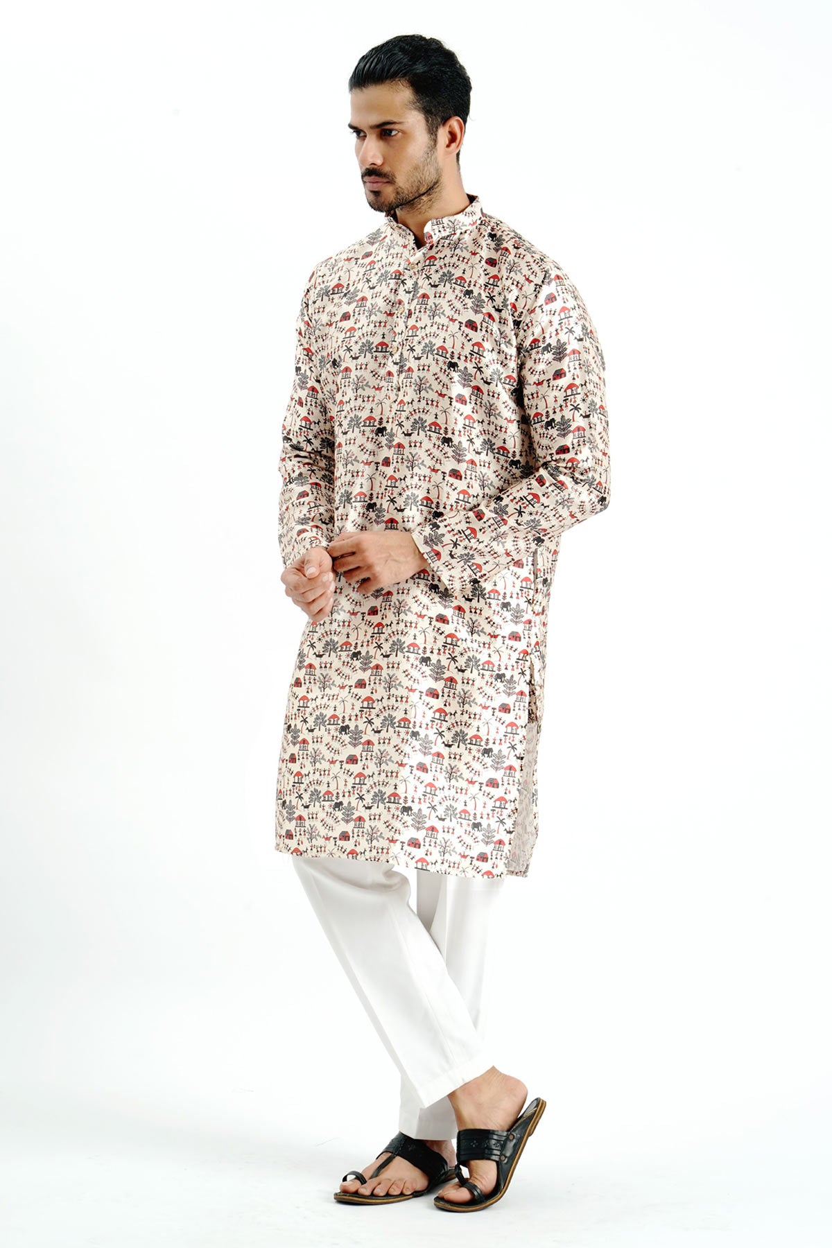Cream Silk Printed Detail Kurta