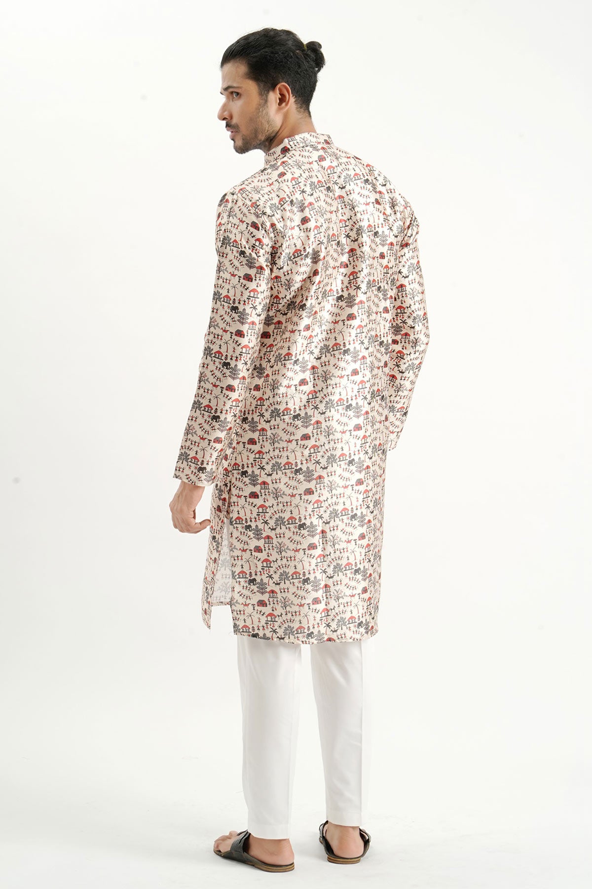 Cream Silk Printed Detail Kurta