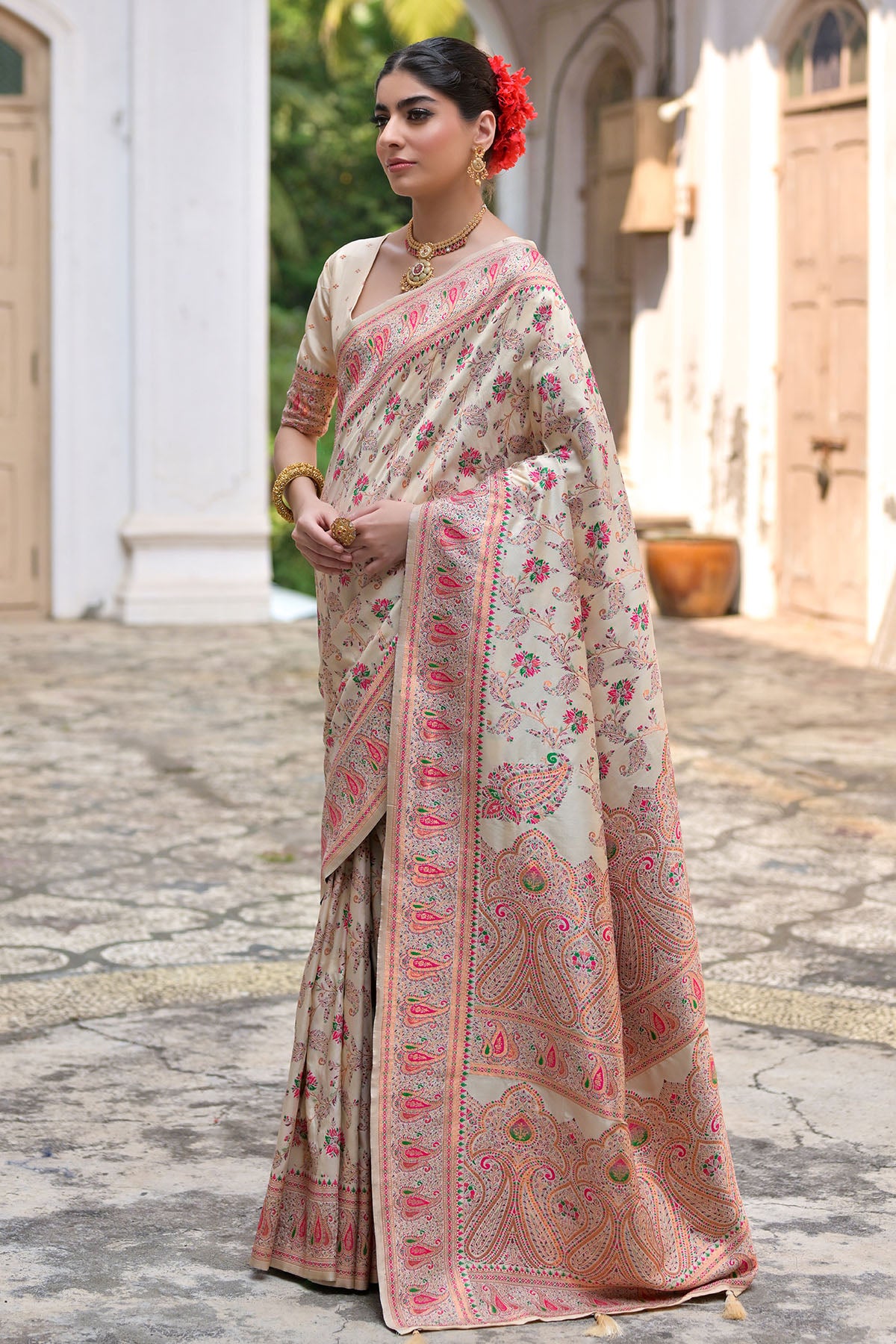 Cream Silk Thread Woven Saree