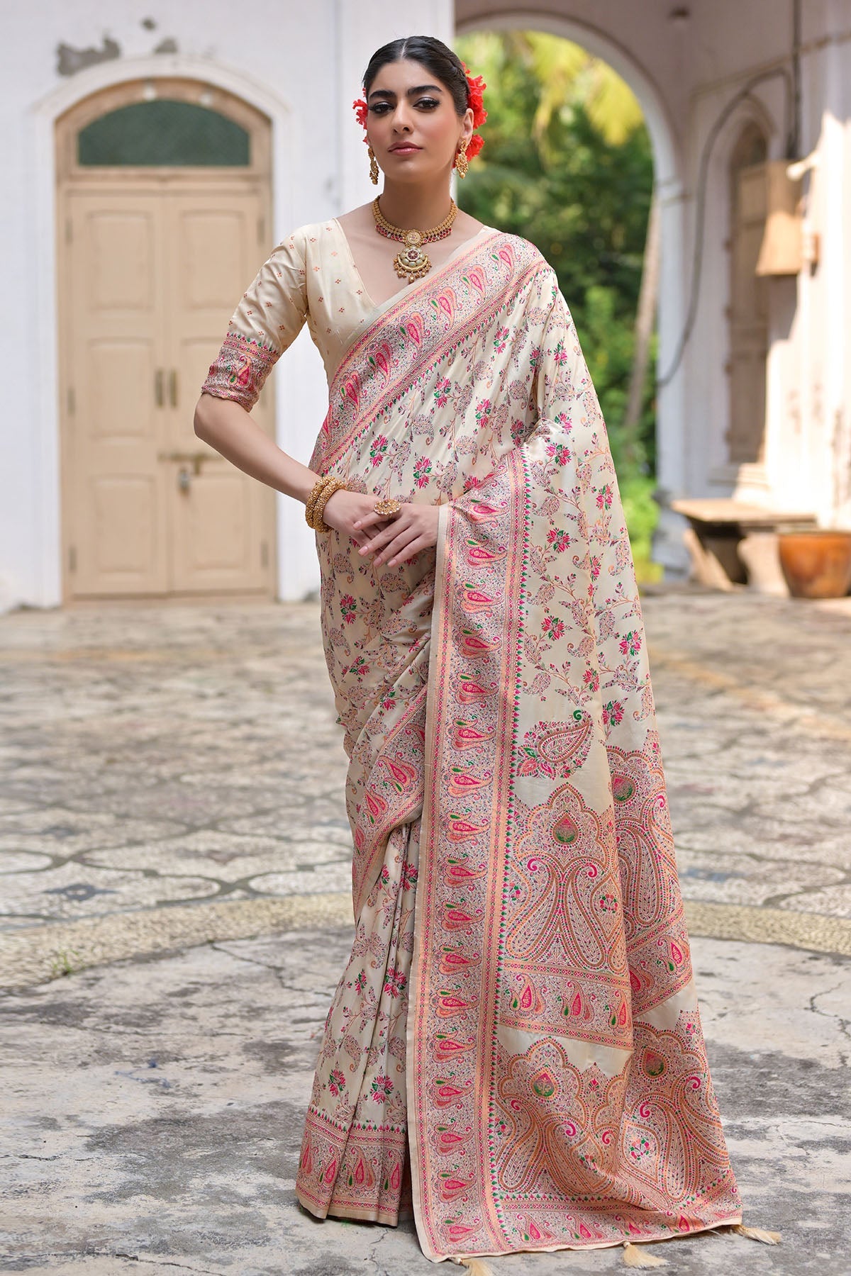 Buy Cream Silk Thread Woven Saree by Lili Lala for women online at ScrollnShops