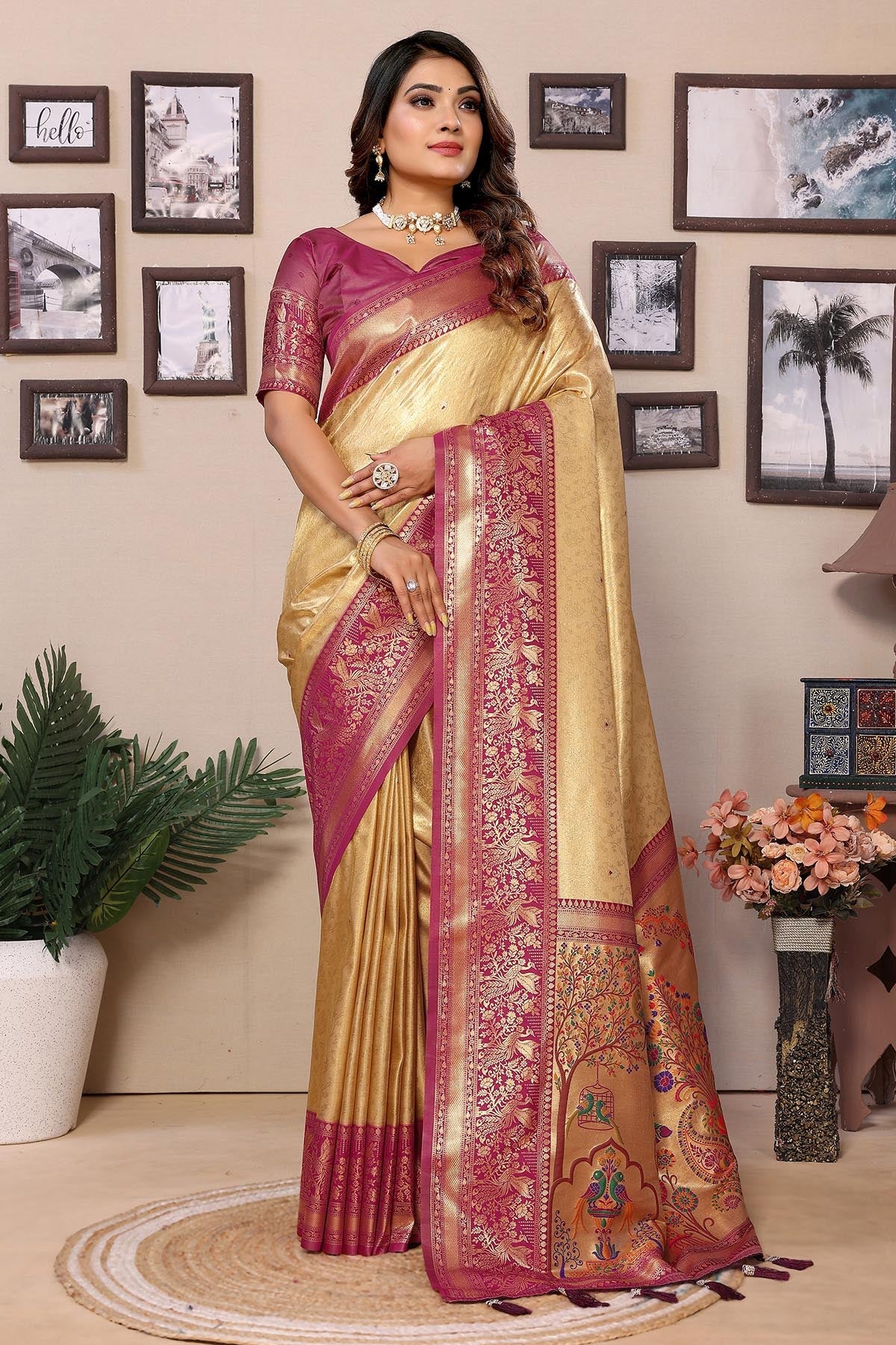 Buy Cream Silk Weaving Fancy Saree for women by Aastha Fashion online available at scrollnshops