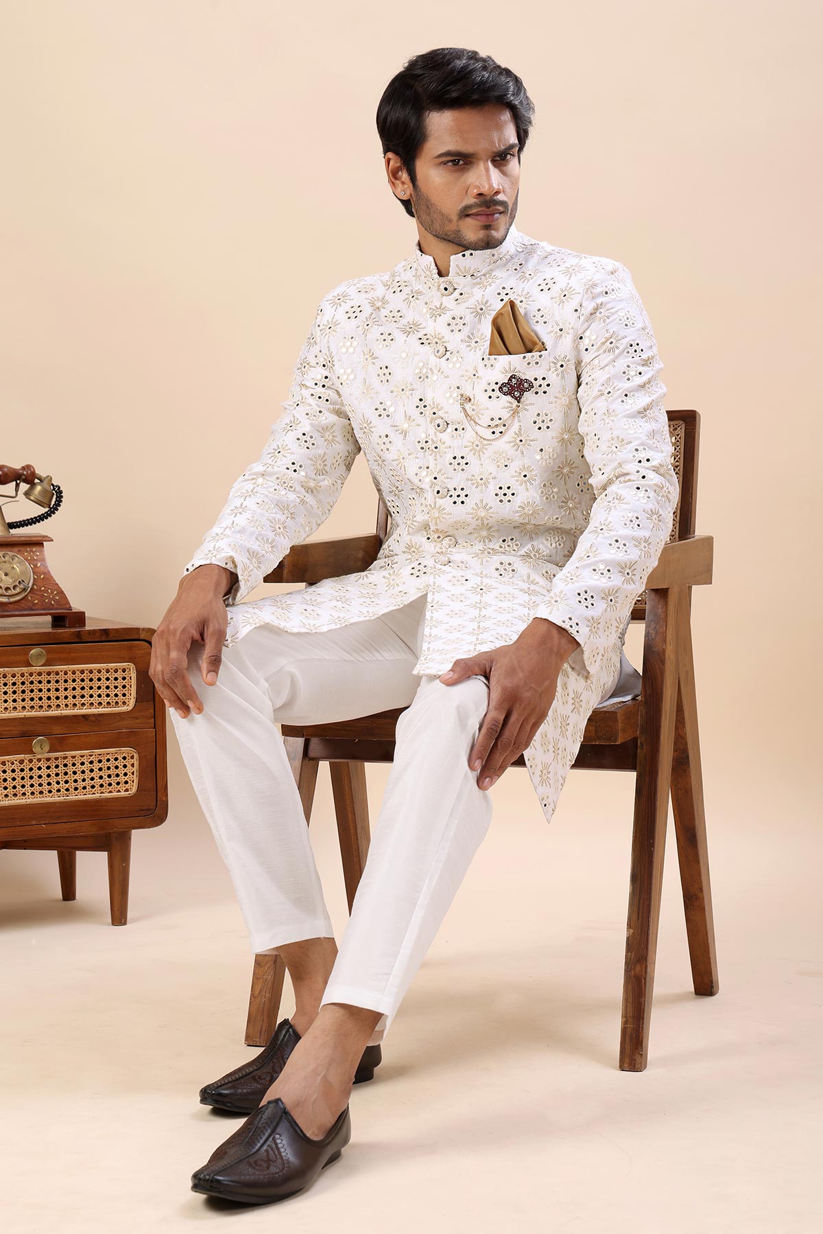 Cream Thread Work Sherwani Set
