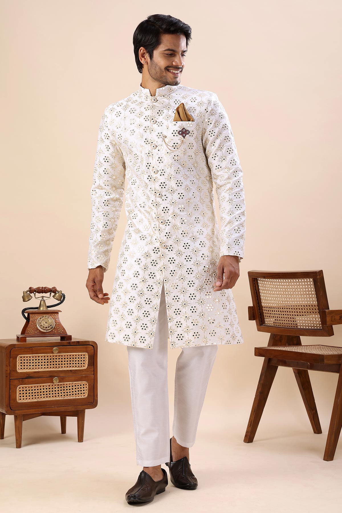 Buy Cream Thread Work Sherwani Set for men by Aastha Fashion online available at scrollnshops