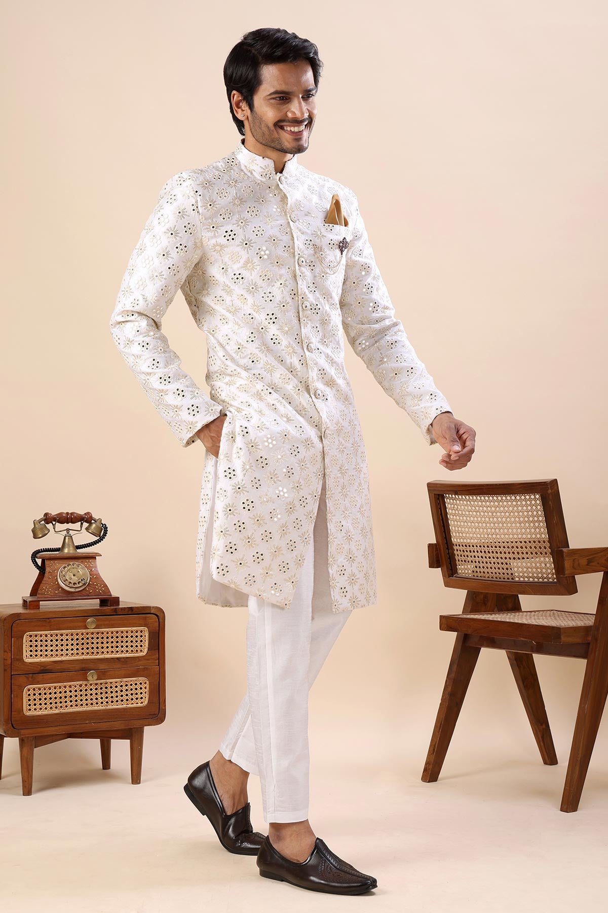 Cream Thread Work Sherwani Set
