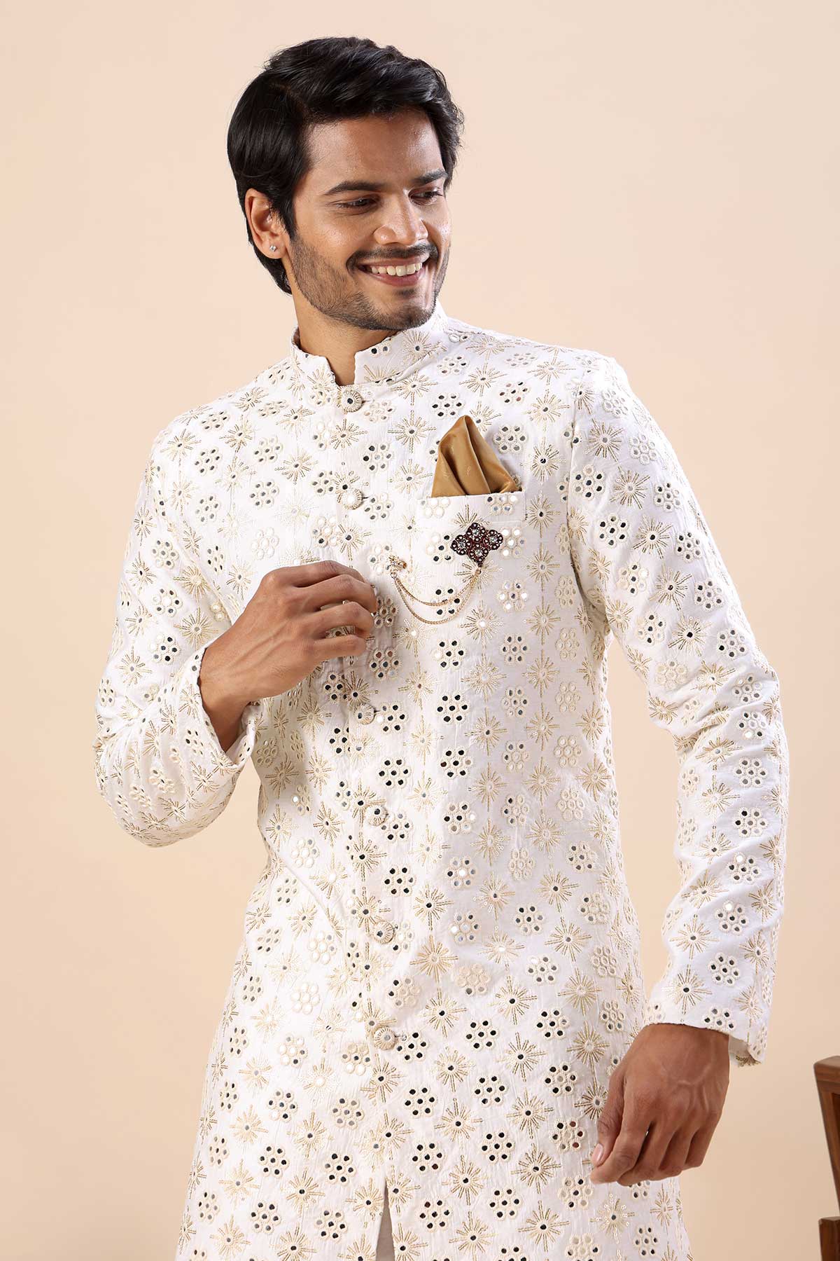 Cream Thread Work Sherwani Set