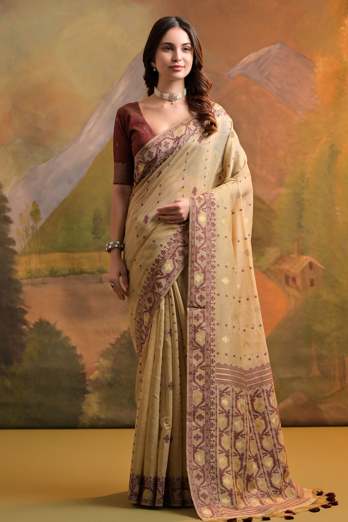 Buy Cream Thread Woven Butti Saree by Lili Lala for women online at ScrollnShops