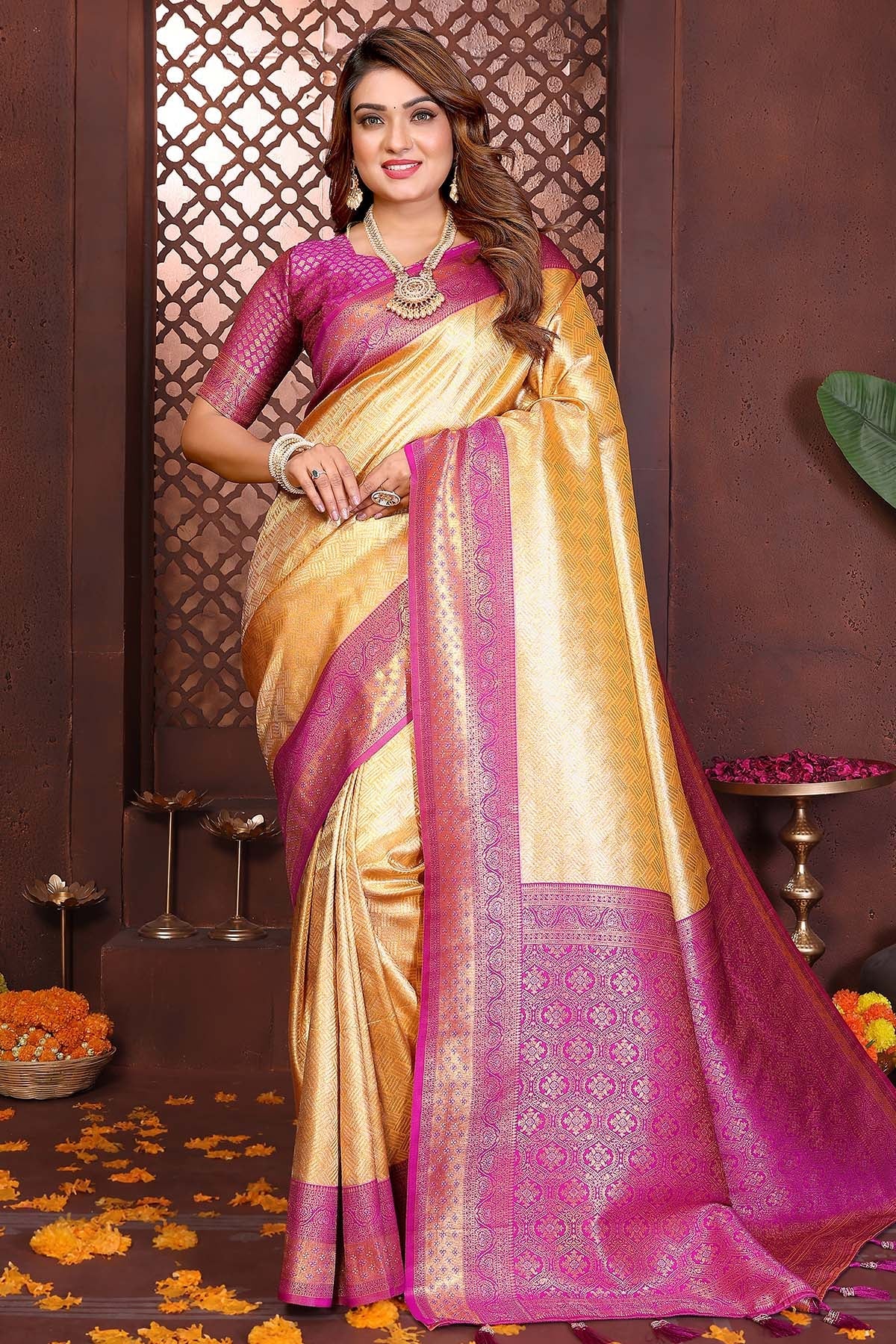 Buy Cream Tissue Silk Fancy Saree for women by Aastha Fashion online available at scrollnshops