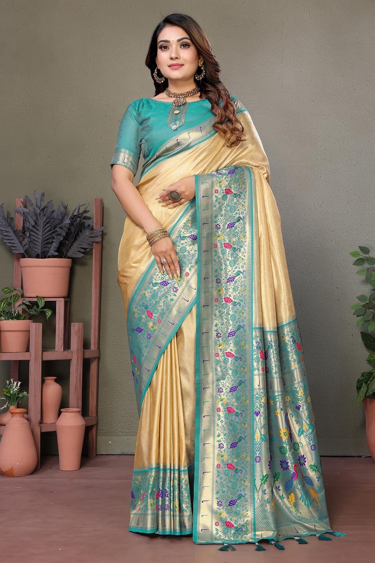 Buy Cream Tissue Silk Woven Saree for women by Aastha Fashion online available at scrollnshops