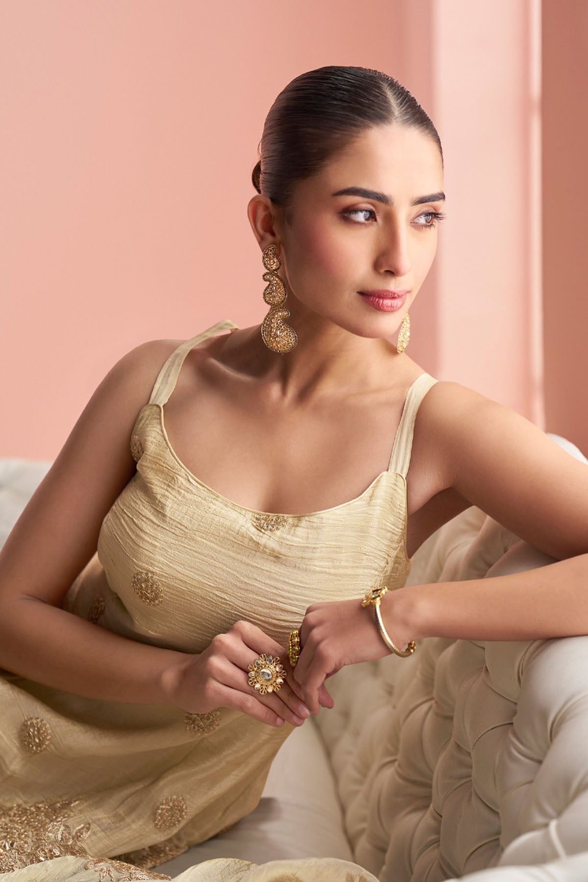 Cream Vichitra Silk Kurta Set