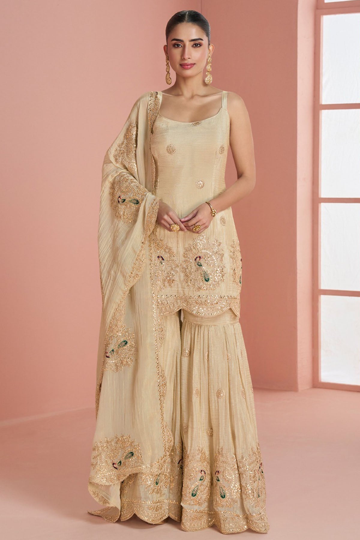 Buy Cream Vichitra Silk Kurta Set for women by Aastha Fashion online available at scrollnshops