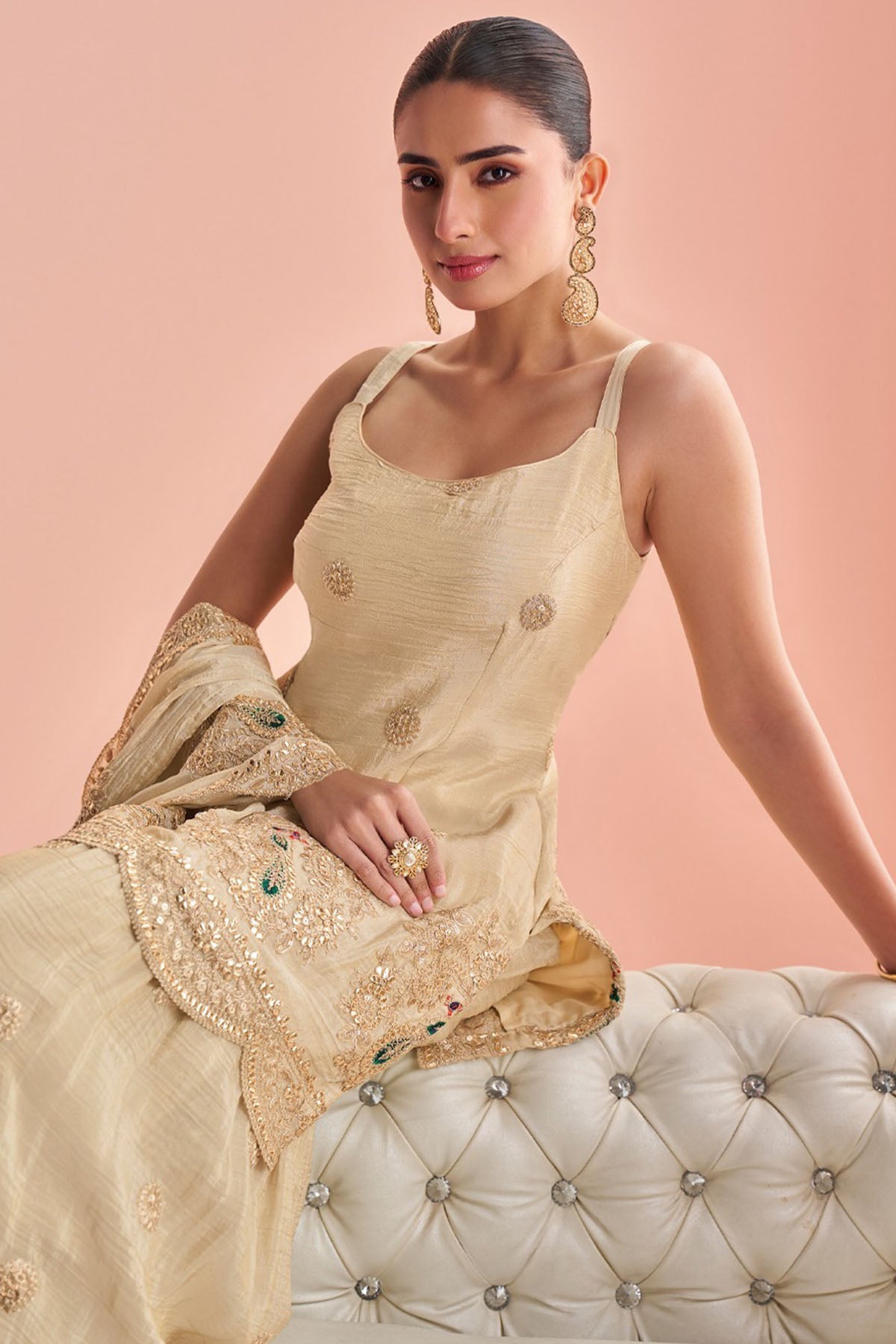Cream Vichitra Silk Kurta Set