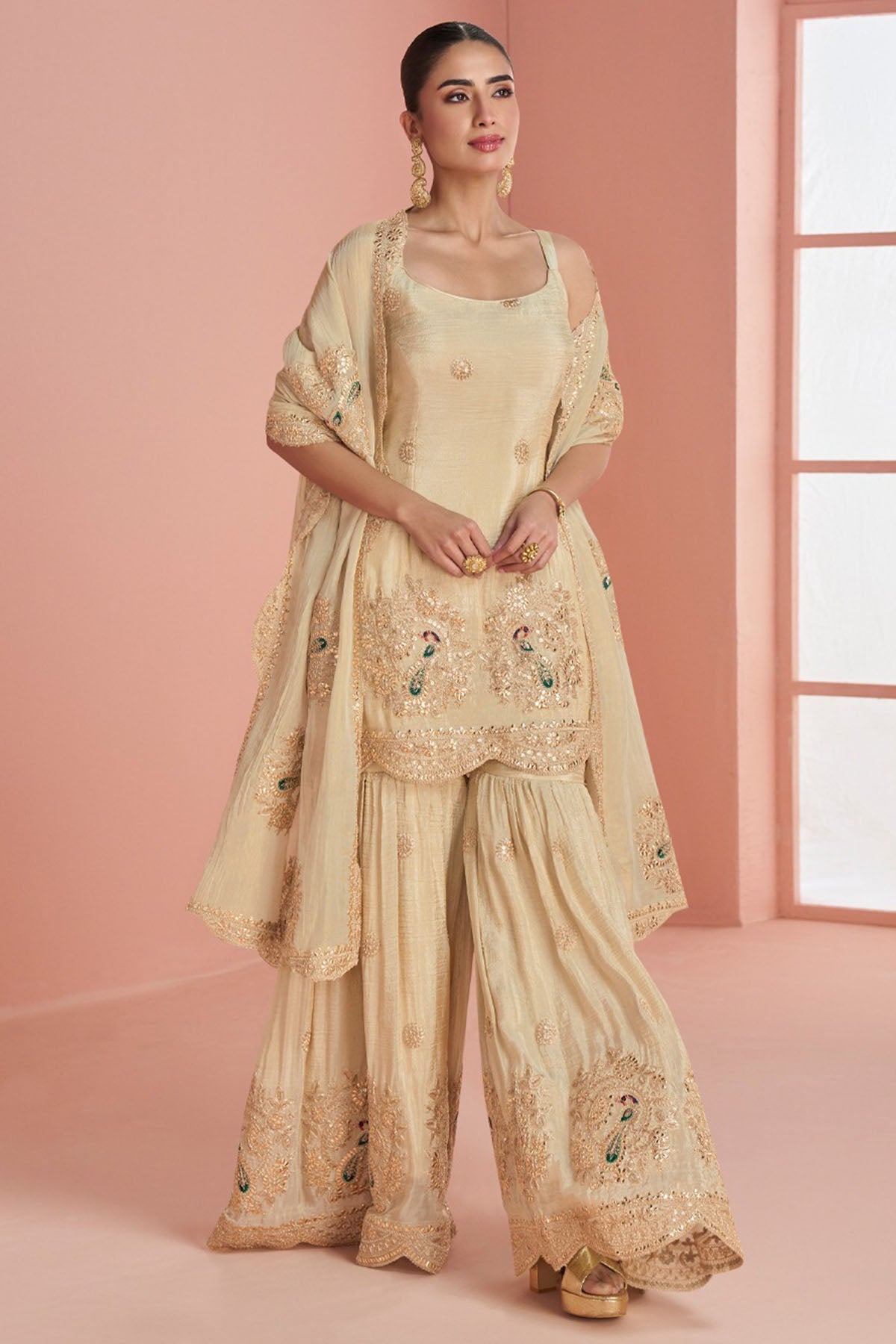 Cream Vichitra Silk Kurta Set