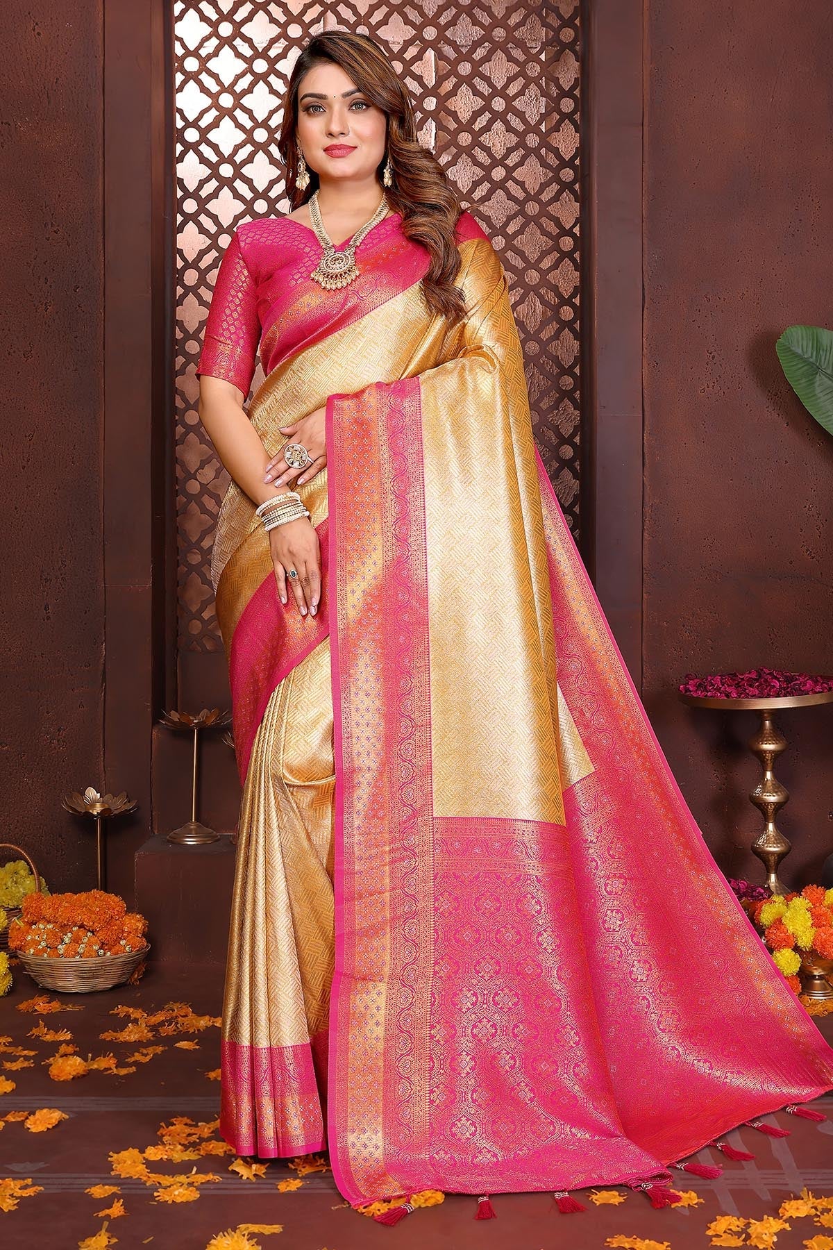 Buy Cream Woven Tissue Silk Saree for women by Aastha Fashion online available at scrollnshops