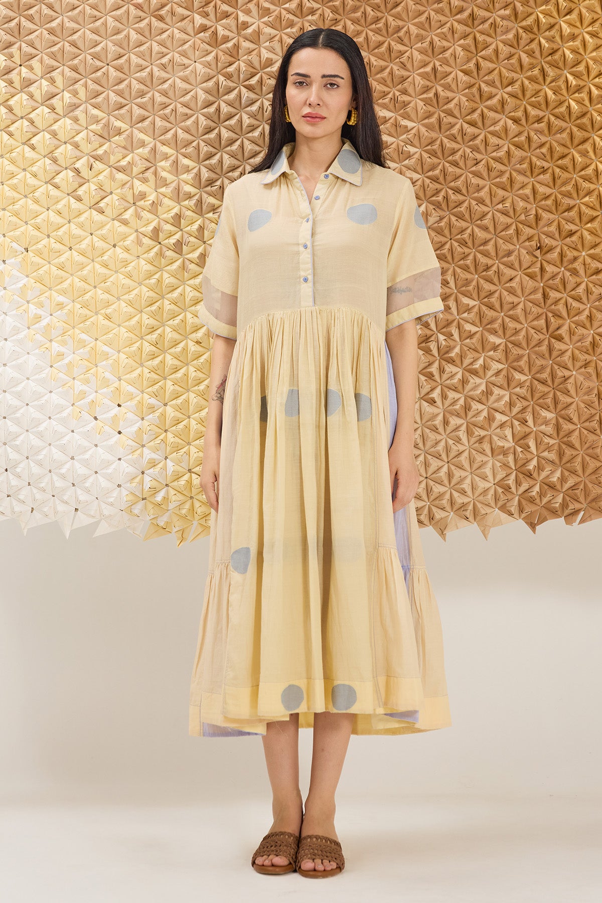 Cream Yellow Pintuck Midi Dress