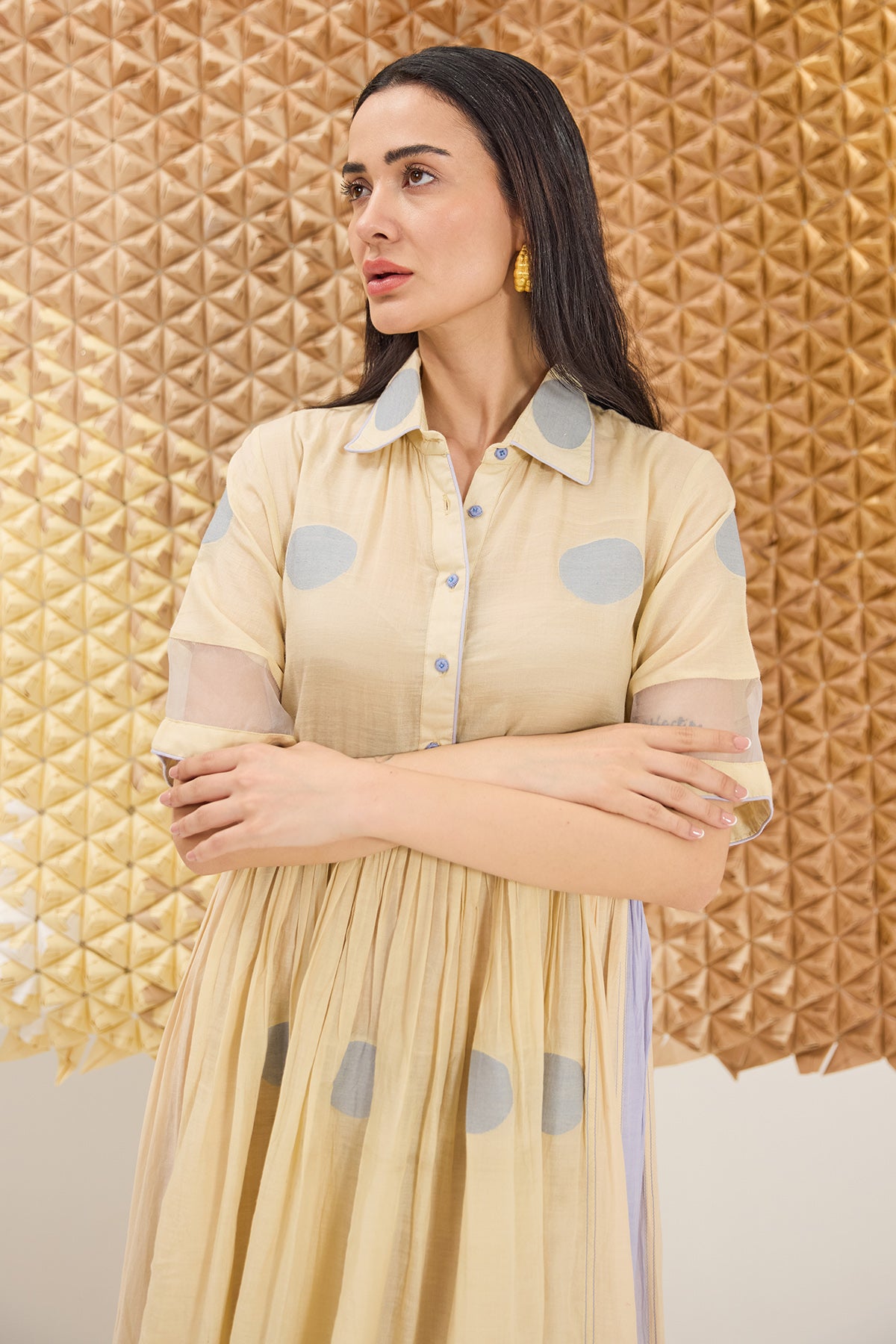 Cream Yellow Pintuck Midi Dress