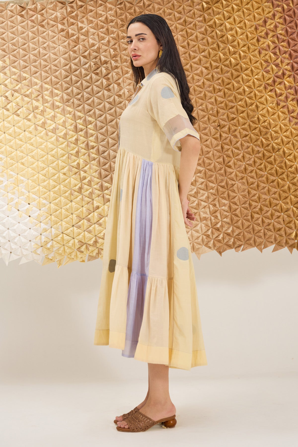 Cream Yellow Pintuck Midi Dress