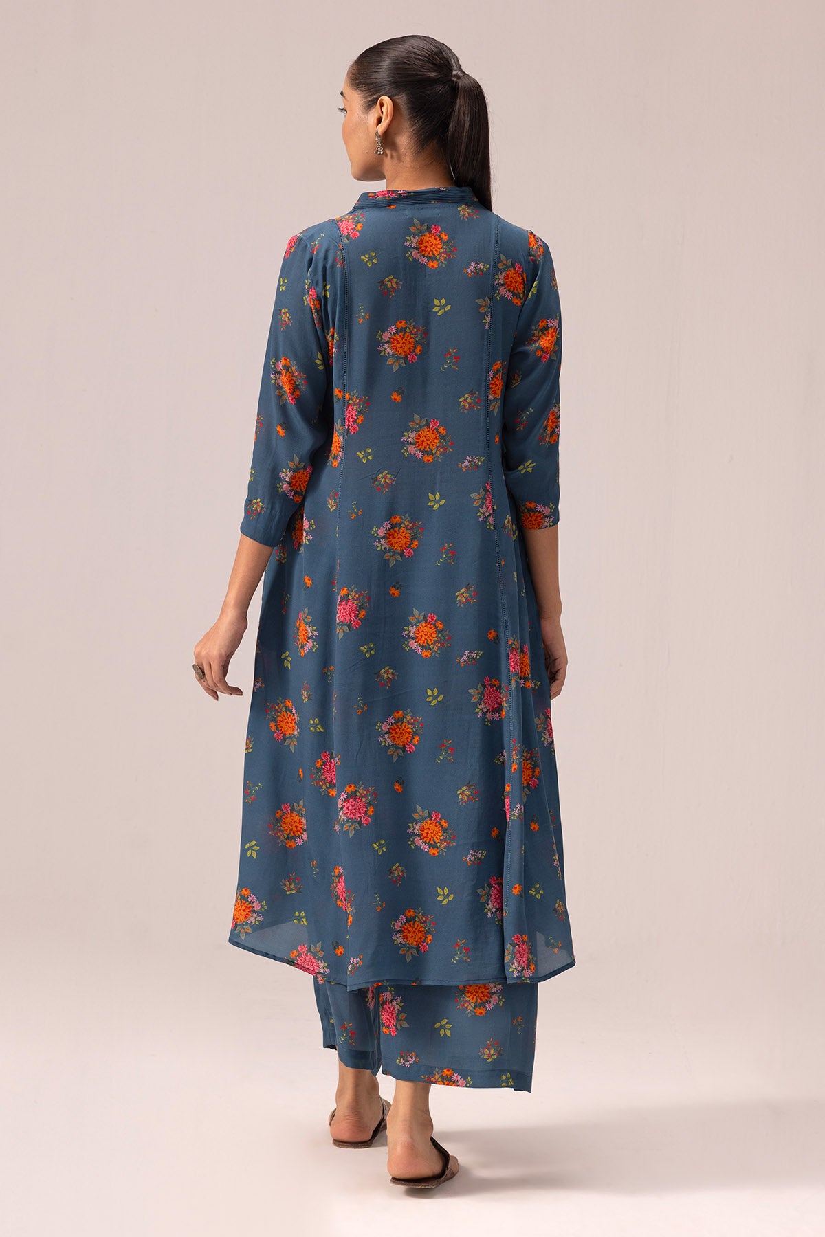 Crepe Blue Pintuck Kurta & Pant