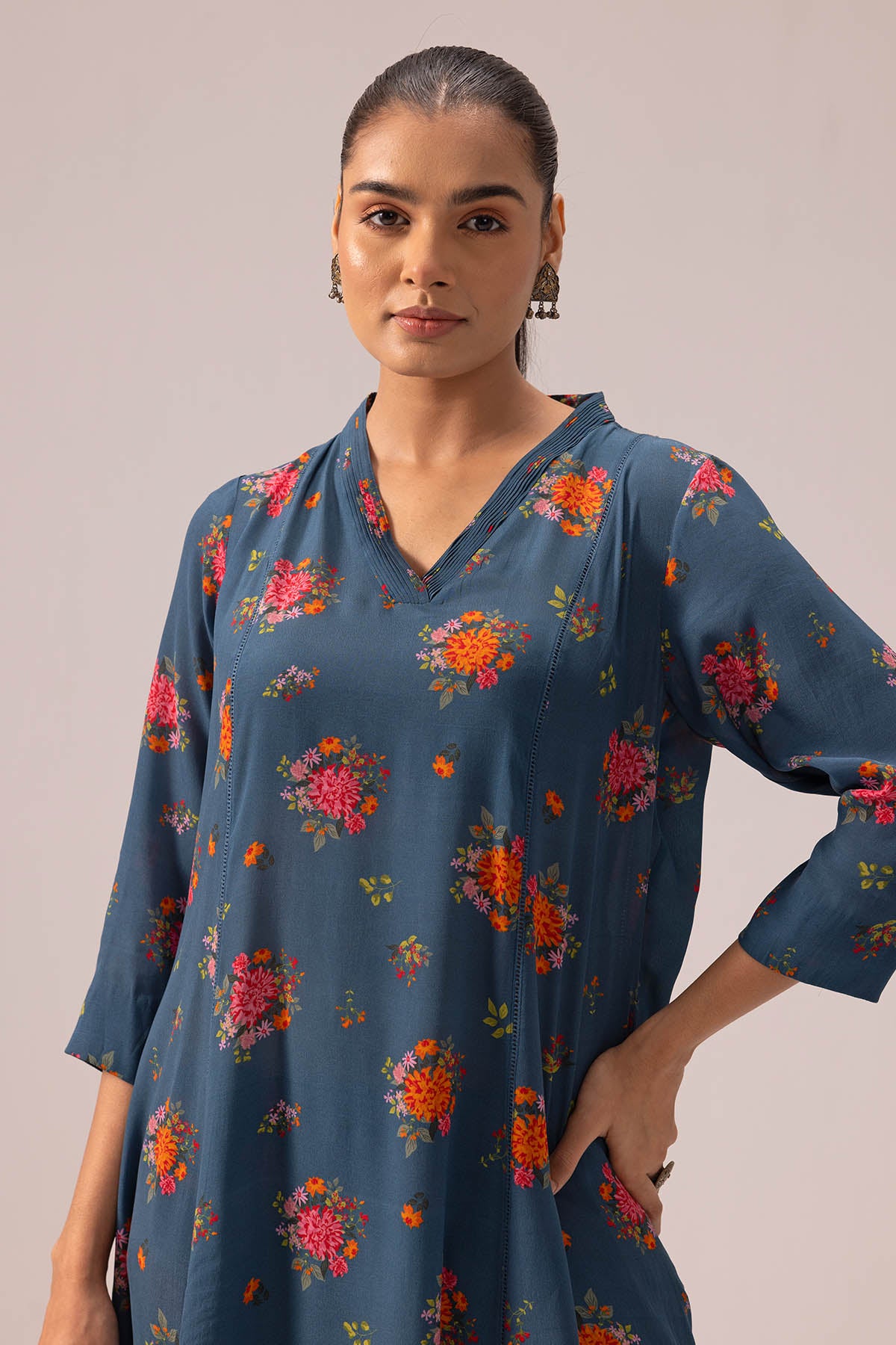 Crepe Blue Pintuck Kurta & Pant