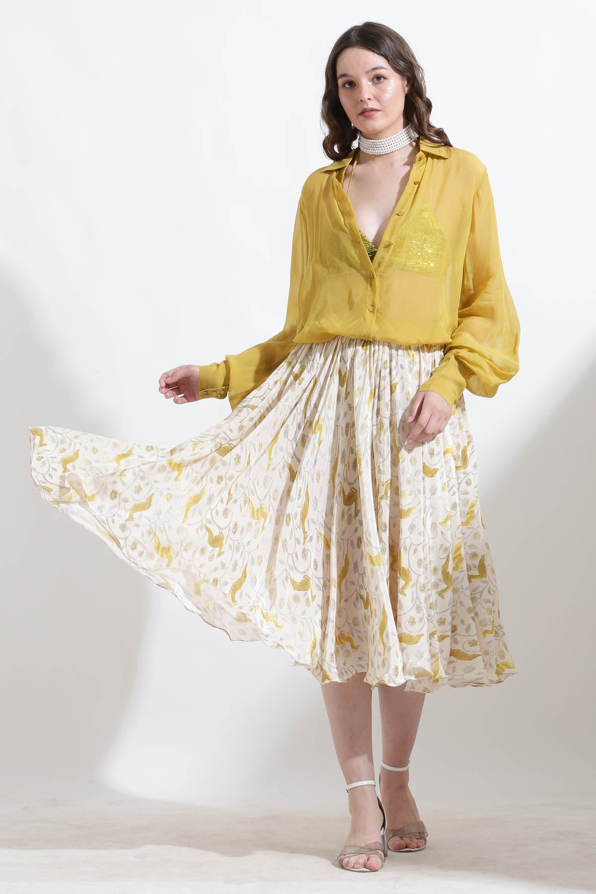 Designer Kusmi Yellow, Cream & Beige: Wallaby Print Skirt For Women at ScrollnShops