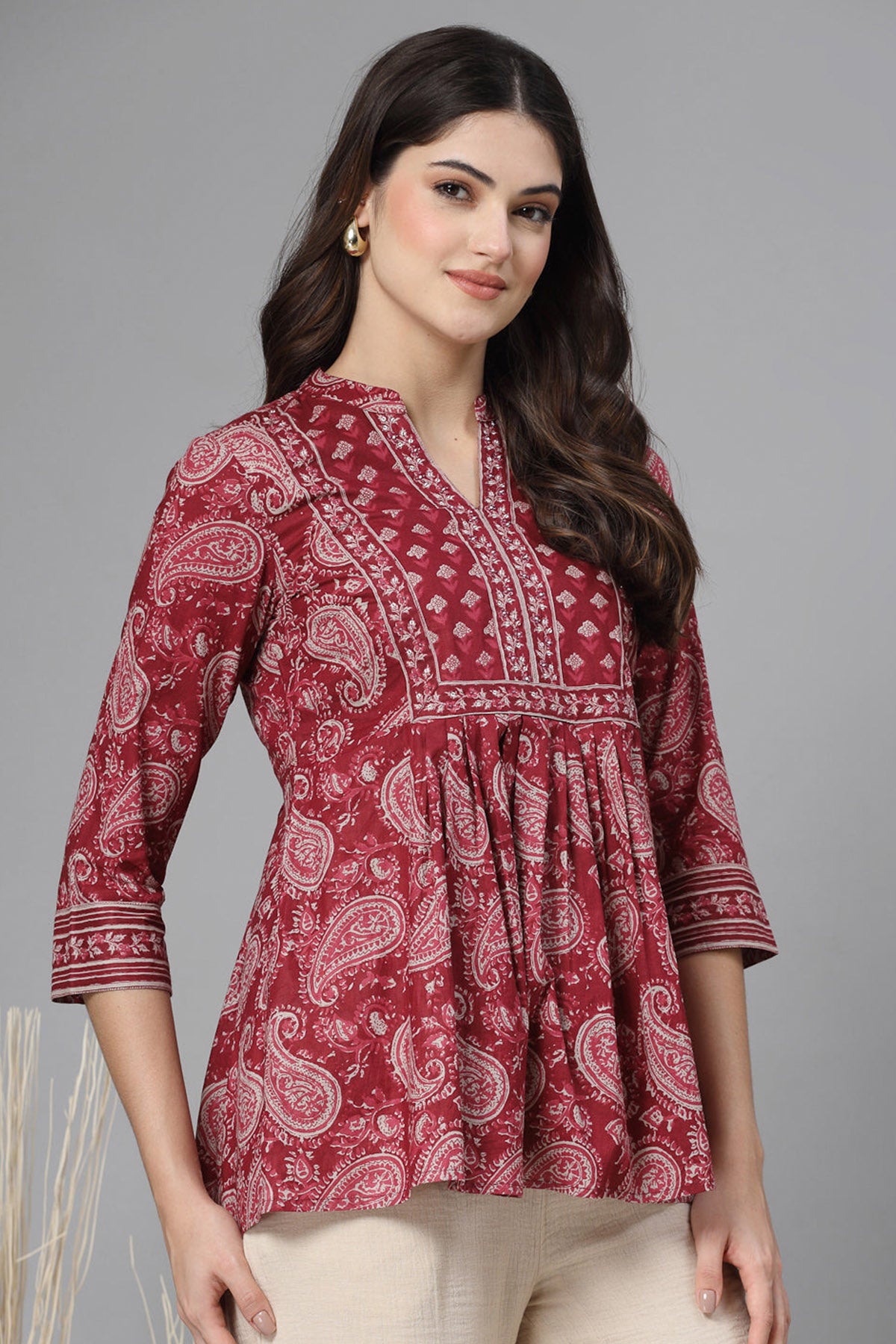 Crimson Red Cotton Gathered Top