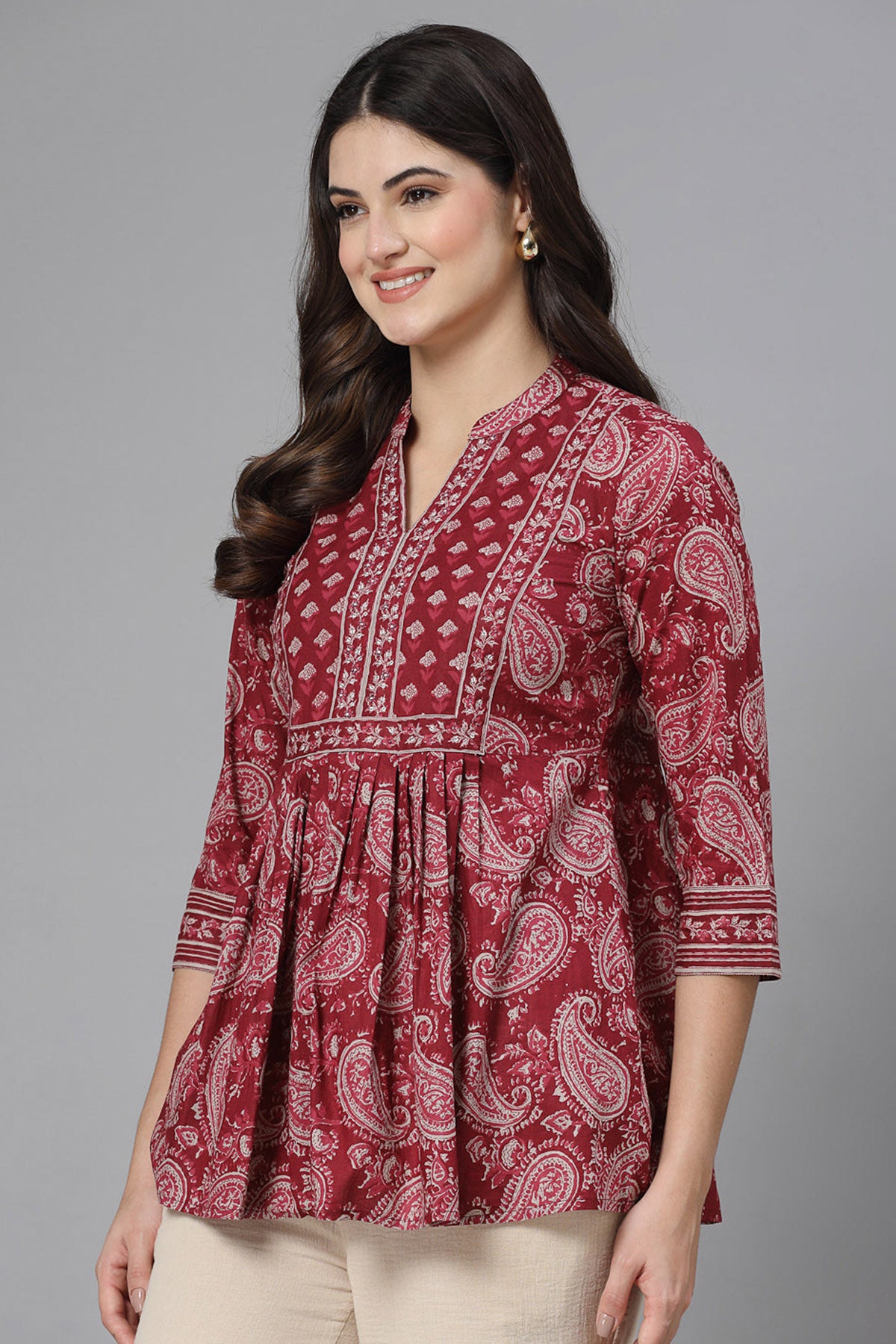 Crimson Red Cotton Gathered Top