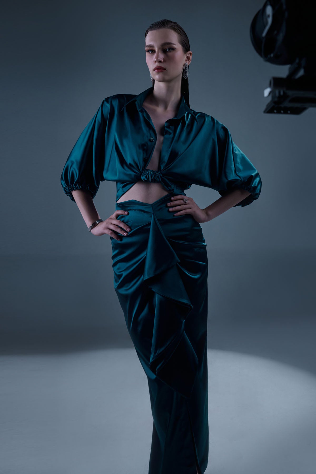 Crystal Teal Cropped Shirt & Skirt Set