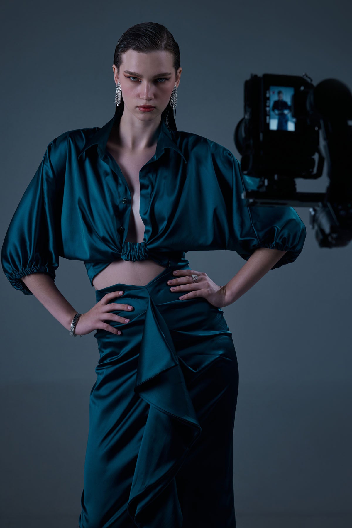 Crystal Teal Cropped Shirt & Skirt Set