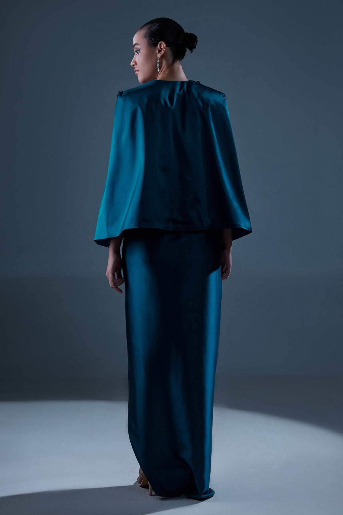 Crystal Teal Drape Gown With Cape