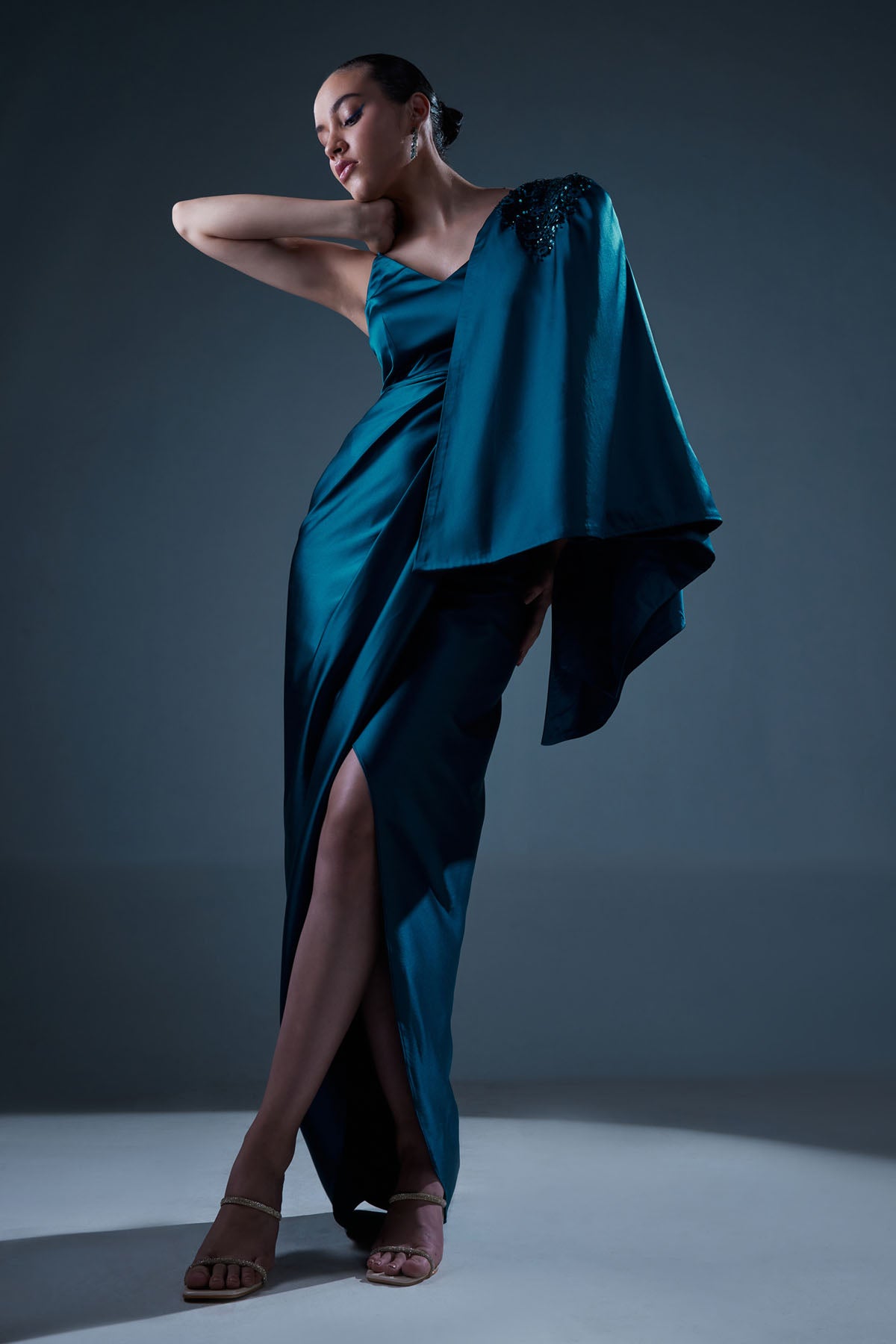 Crystal Teal Drape Gown With Cape