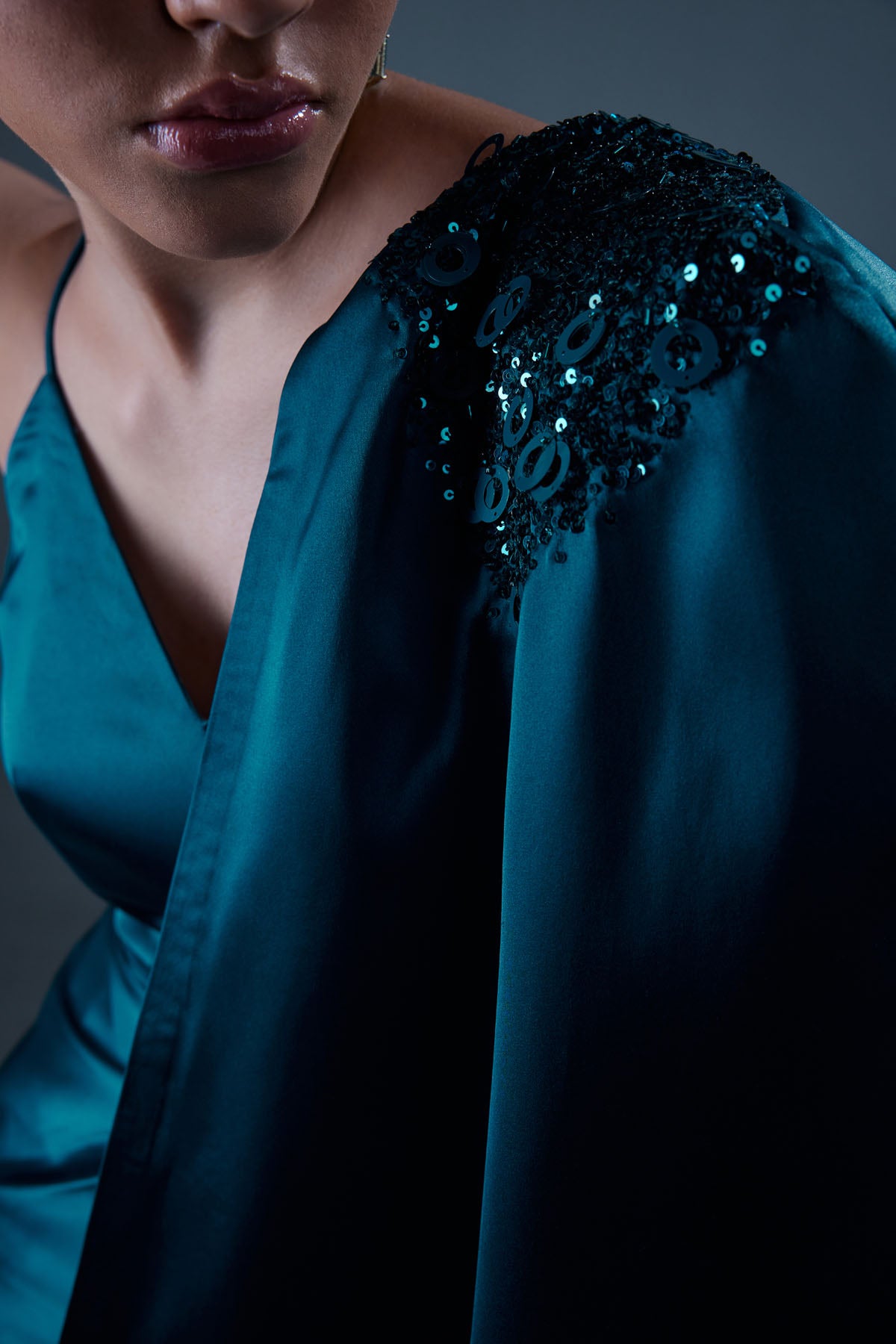 Buy Manika Nanda Crystal Teal Drape Gown With Cape For Women