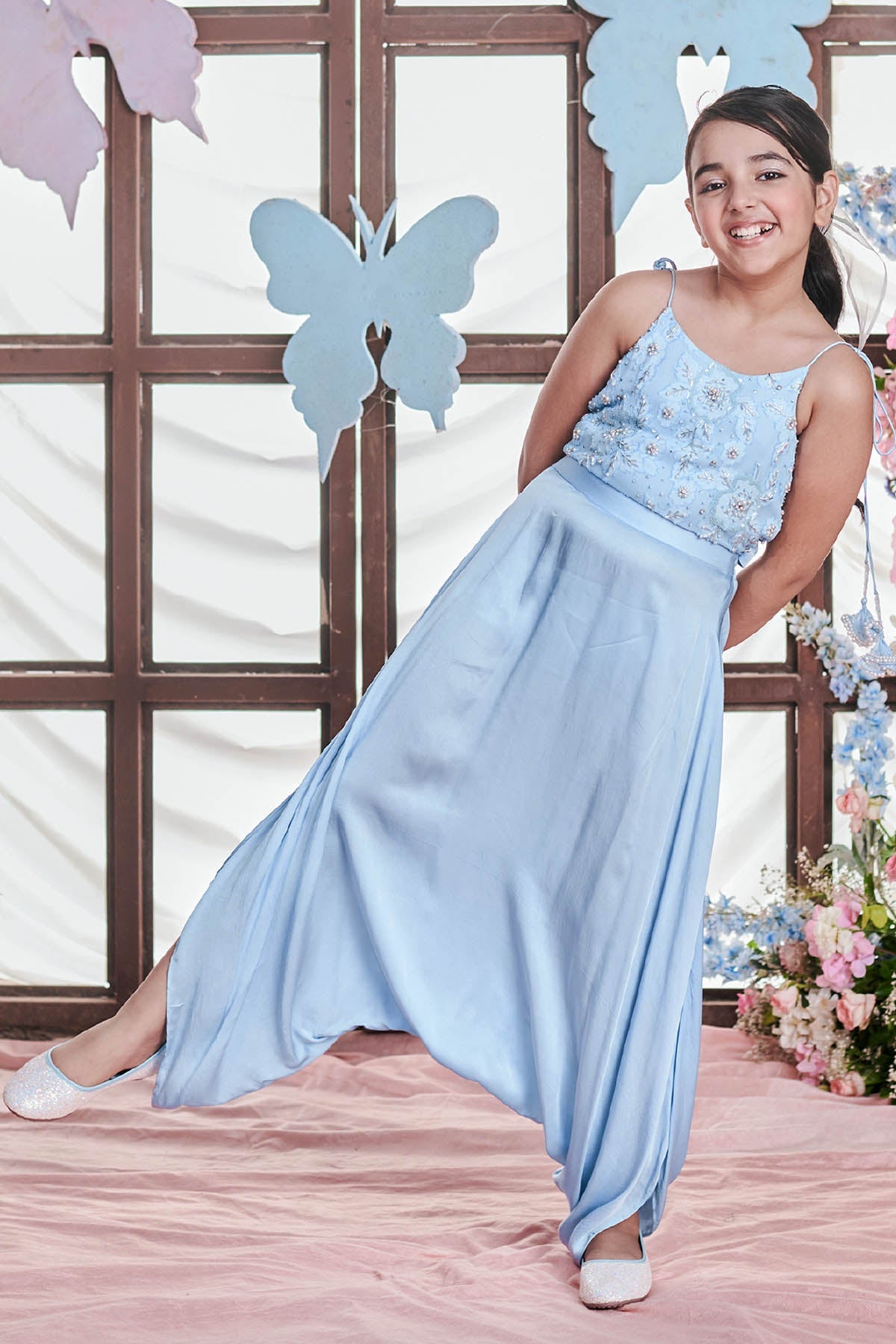 Designer Littleens Crystal Blue Floral Dhoti Jumpsuit For Kids (Boys & Girls) Available online at ScrollnShops