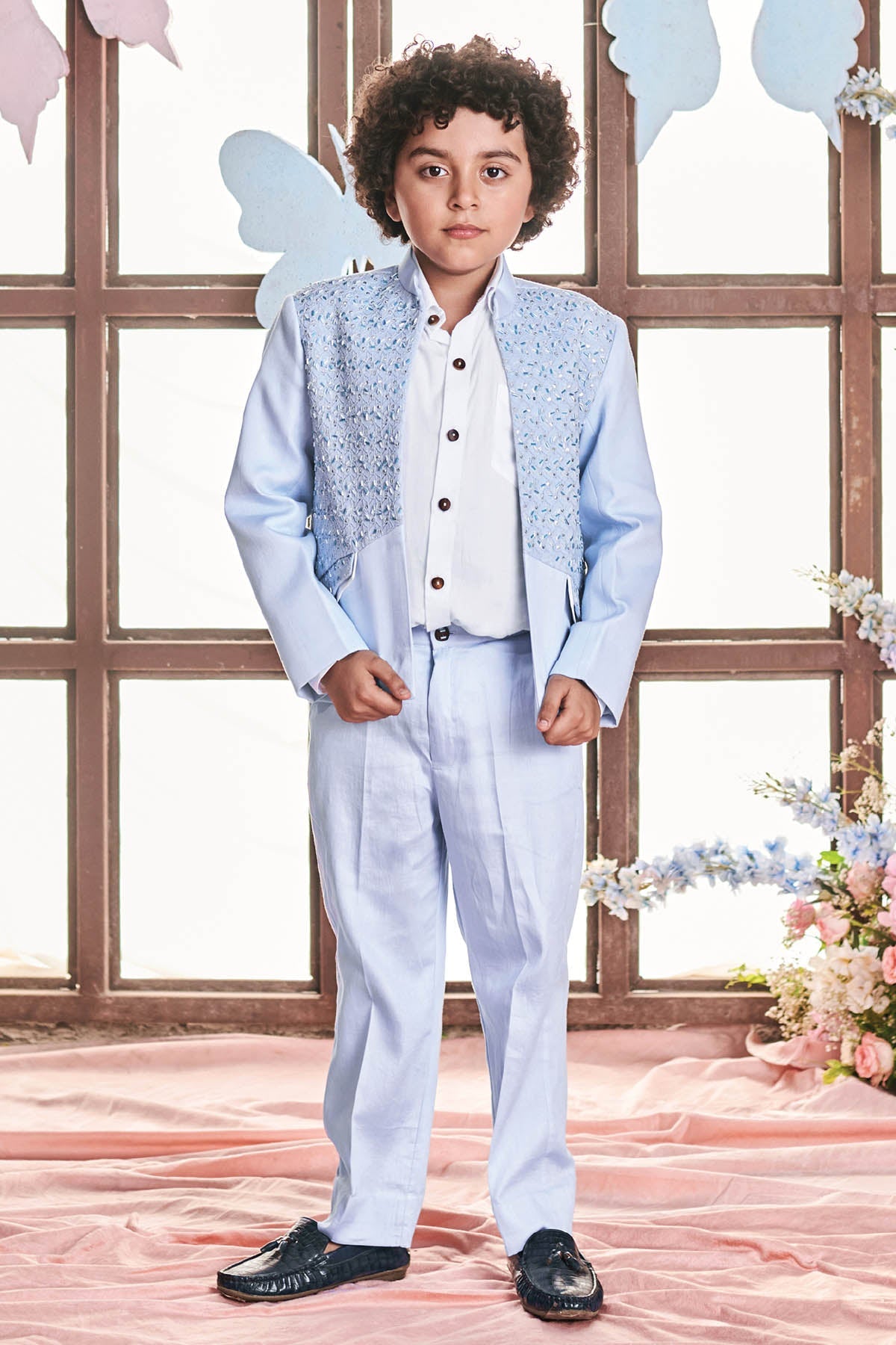Designer Littleens Crystal Blue Floral Jacquard Suit For Kids (Boys & Girls) Available online at ScrollnShops