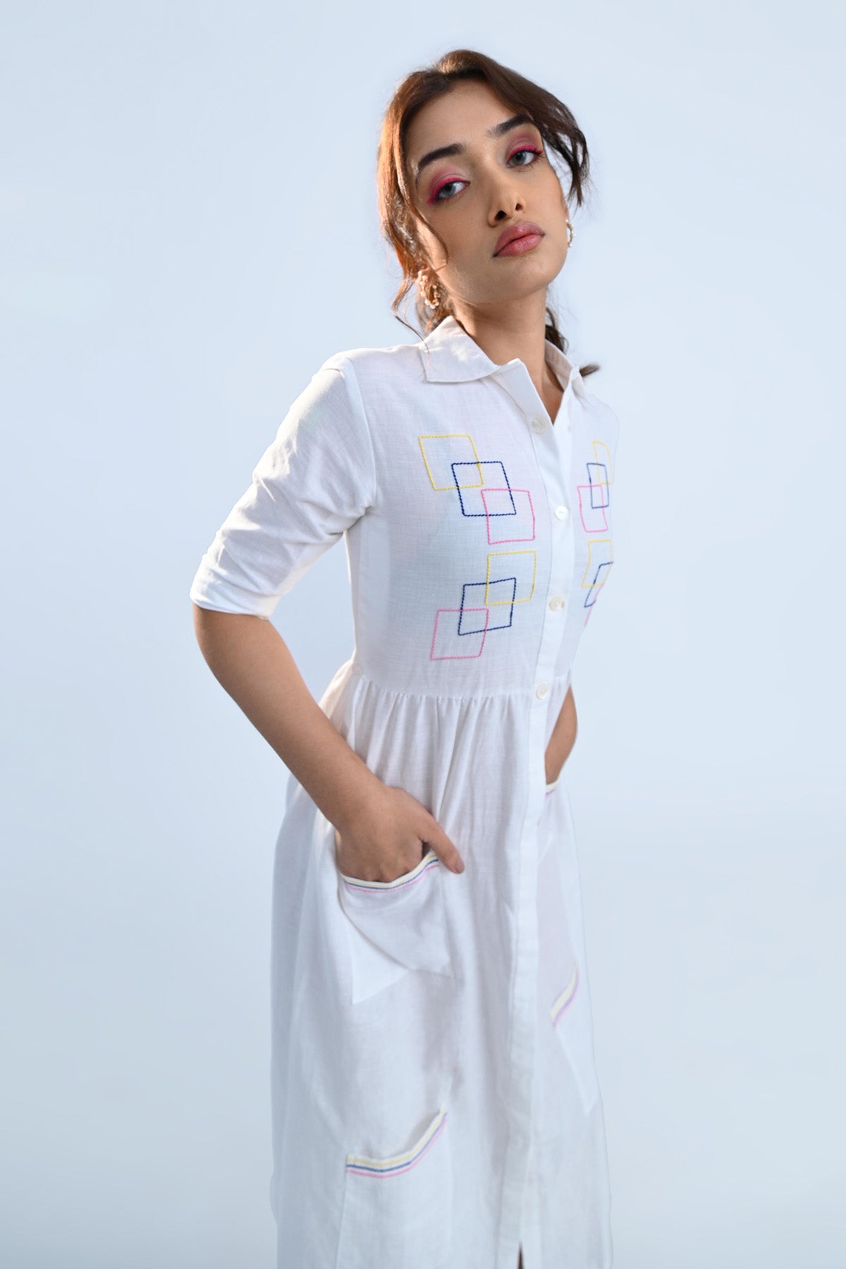 Cubes Embroidered White Dress
